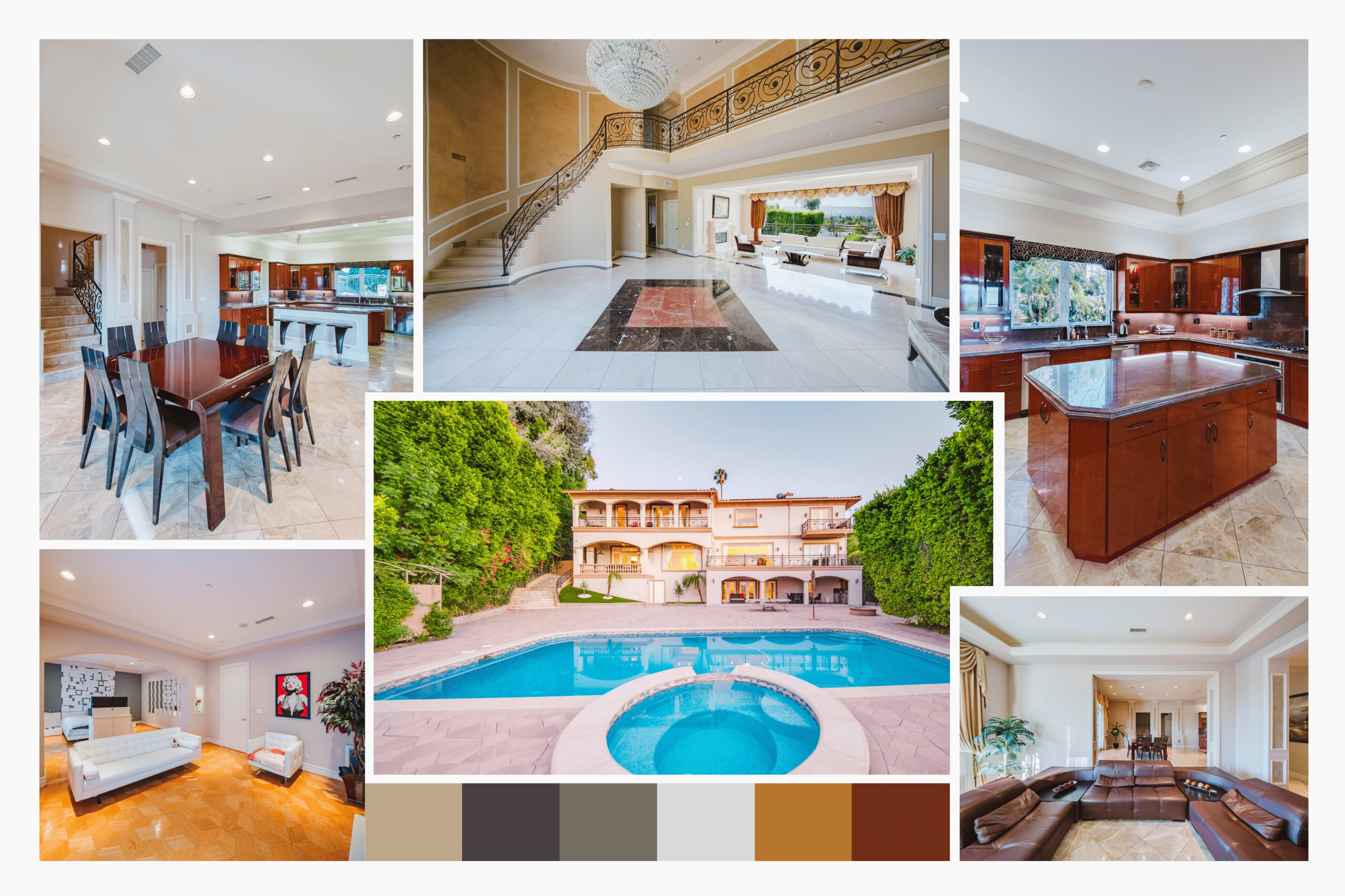 The image features an upscale, modern home with a spacious open floor plan, a swimming pool, and elegant furnishings.