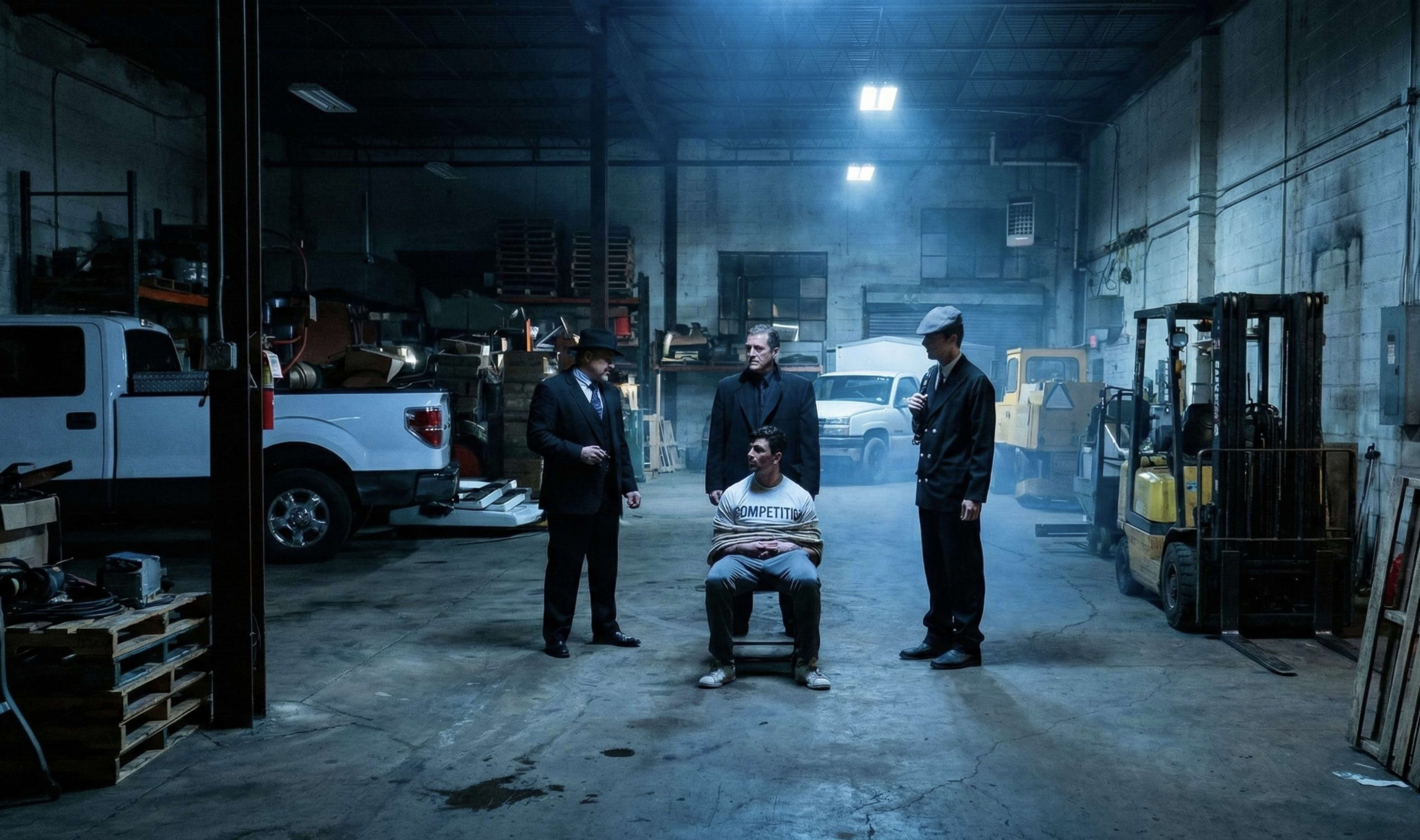 A group of four men, including one seated and restrained, is depicted in a dimly lit warehouse filled with vehicles and industrial equipment.