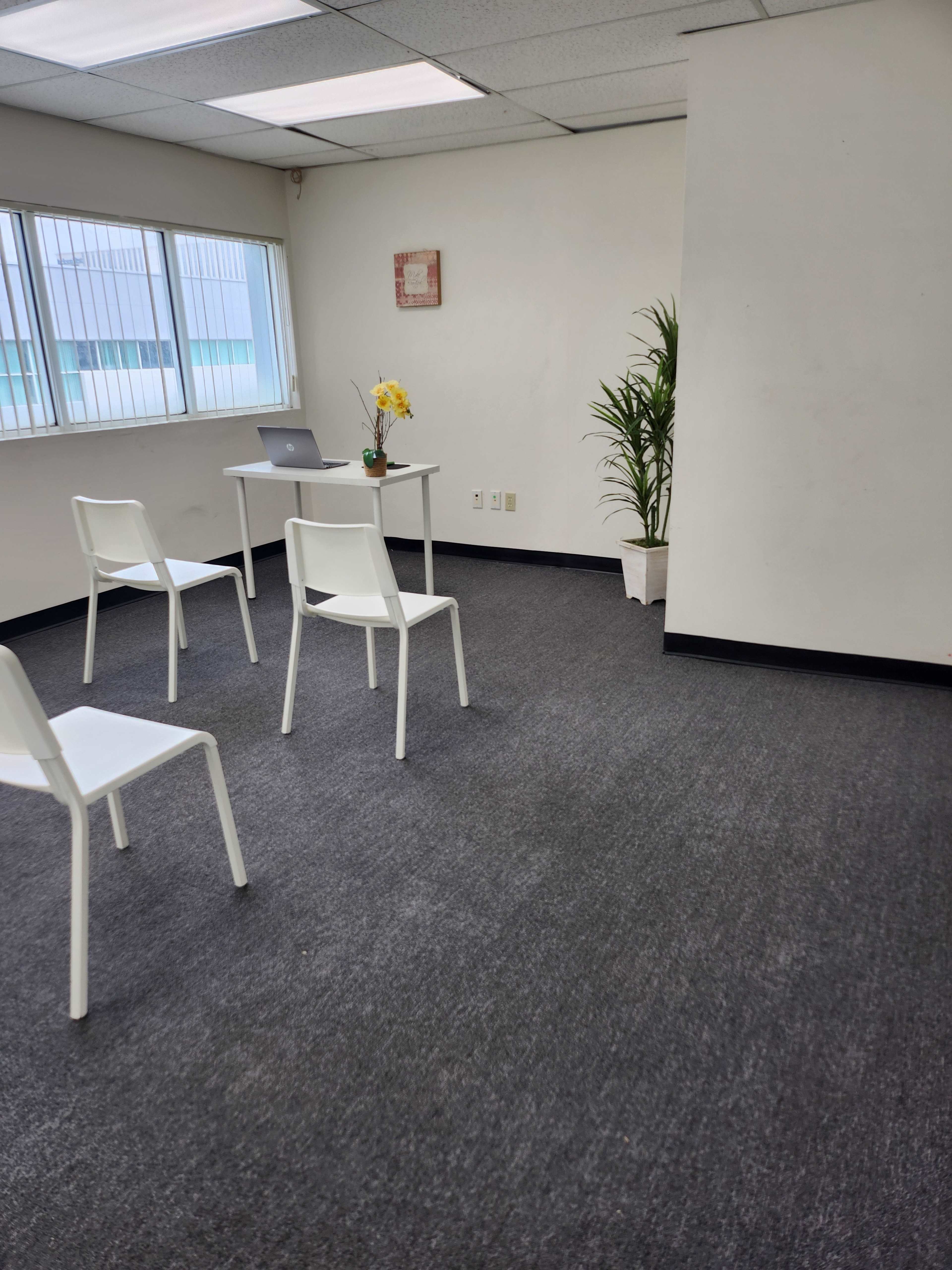 A small, empty room features a table with a laptop and a flower vase, surrounded by three white chairs and a potted plant.