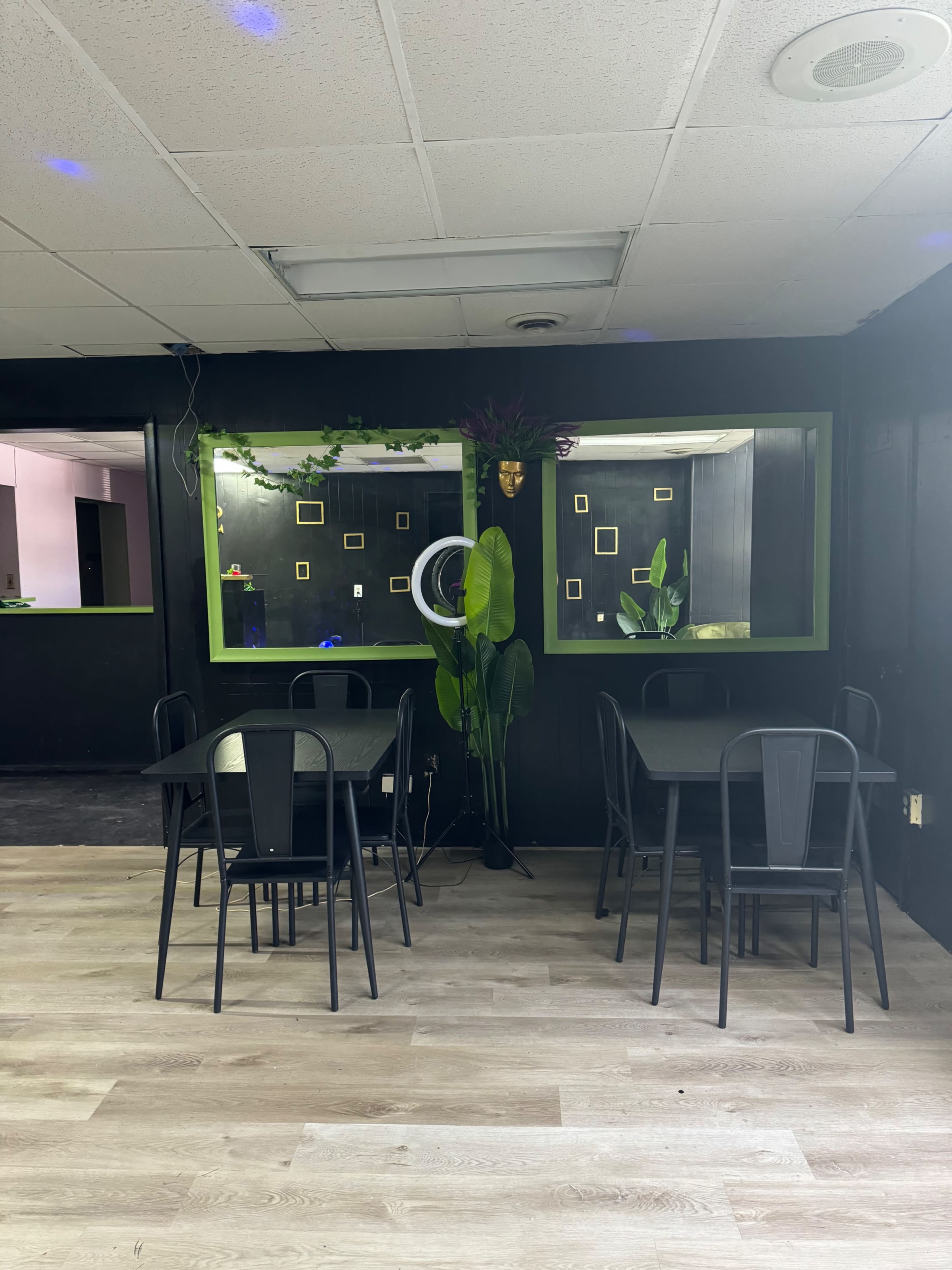 A dining area with black tables and chairs, surrounded by dark walls and decorated with plants and green-framed mirrors.