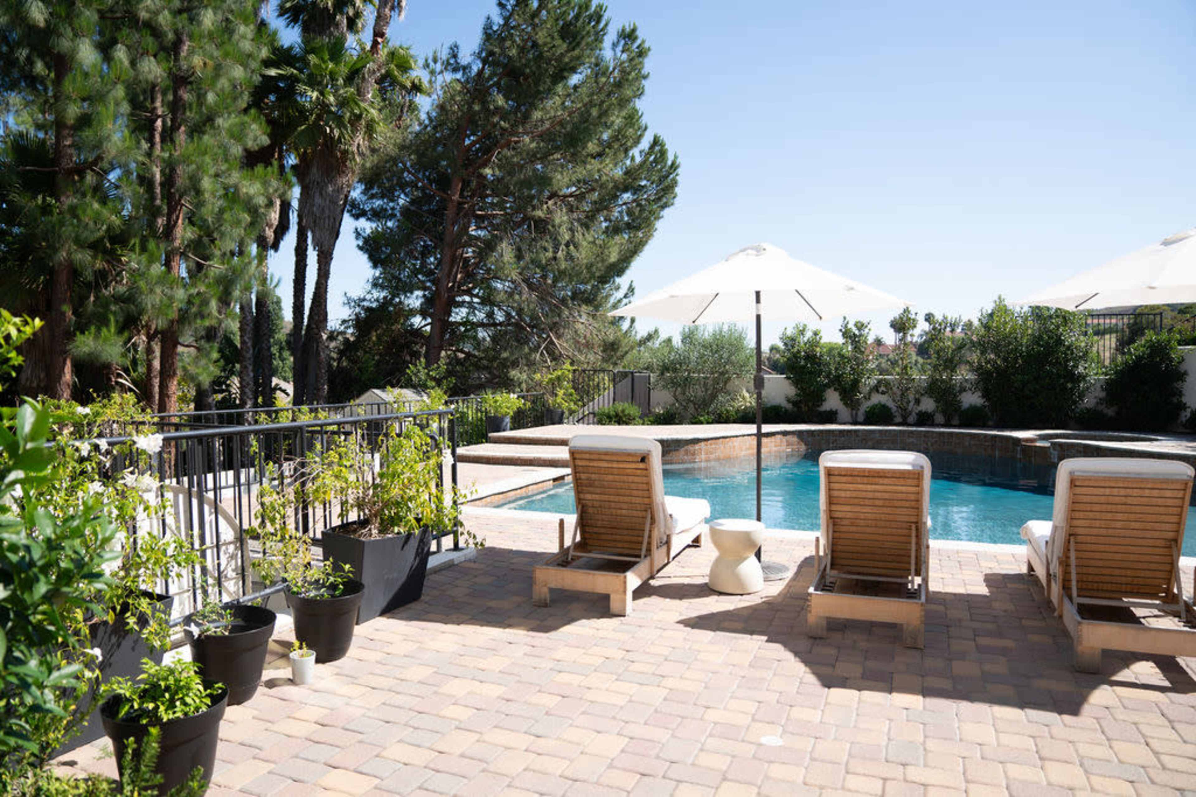 A sunny outdoor area with a swimming pool surrounded by lounge chairs and parasols, bordered by greenery.