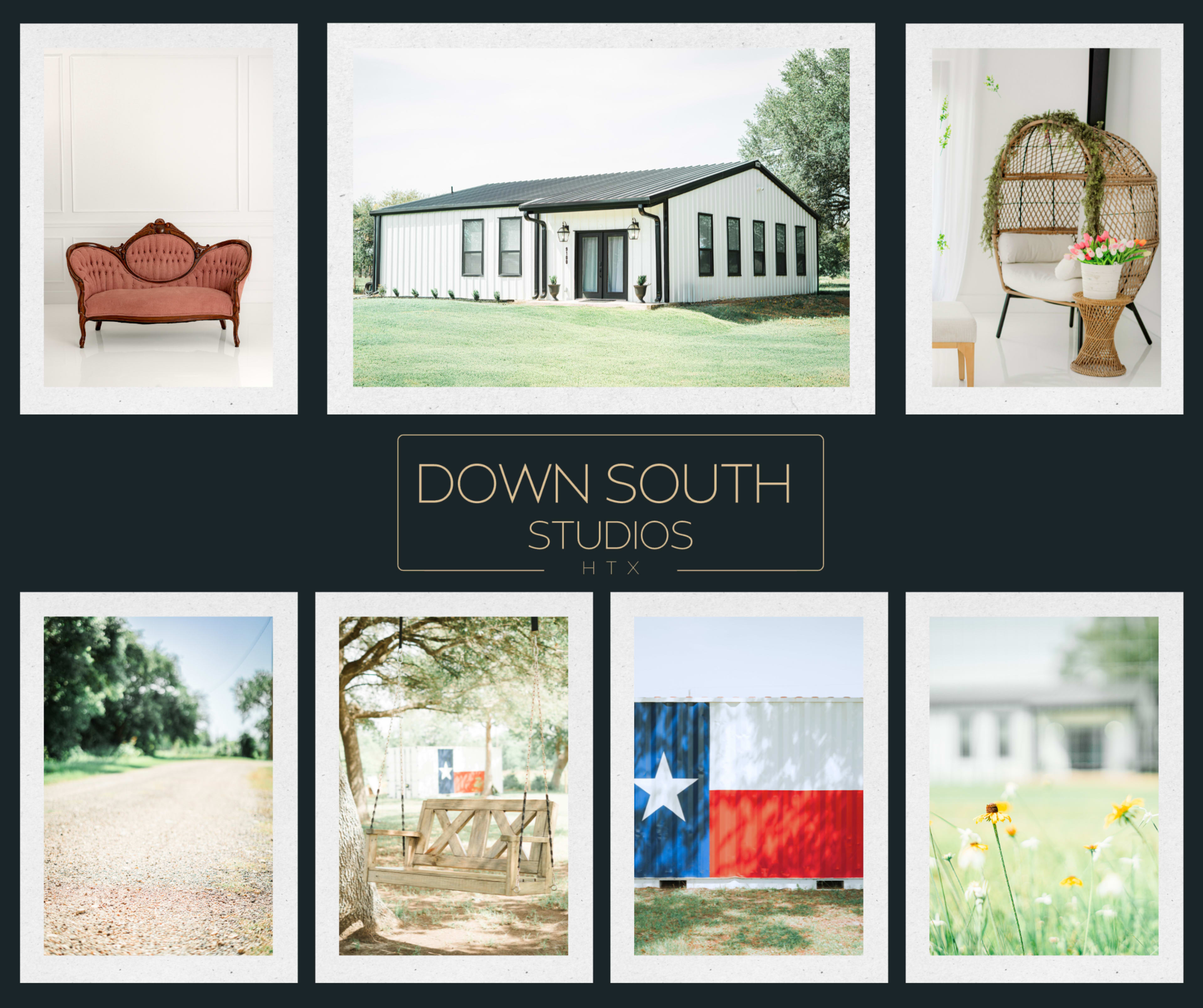 The image collage features a modern studio building, a vintage-style couch, a wicker chair in a bright interior, a dirt path, outdoor seating near a container painted with the Texas flag, and flowers in a field.