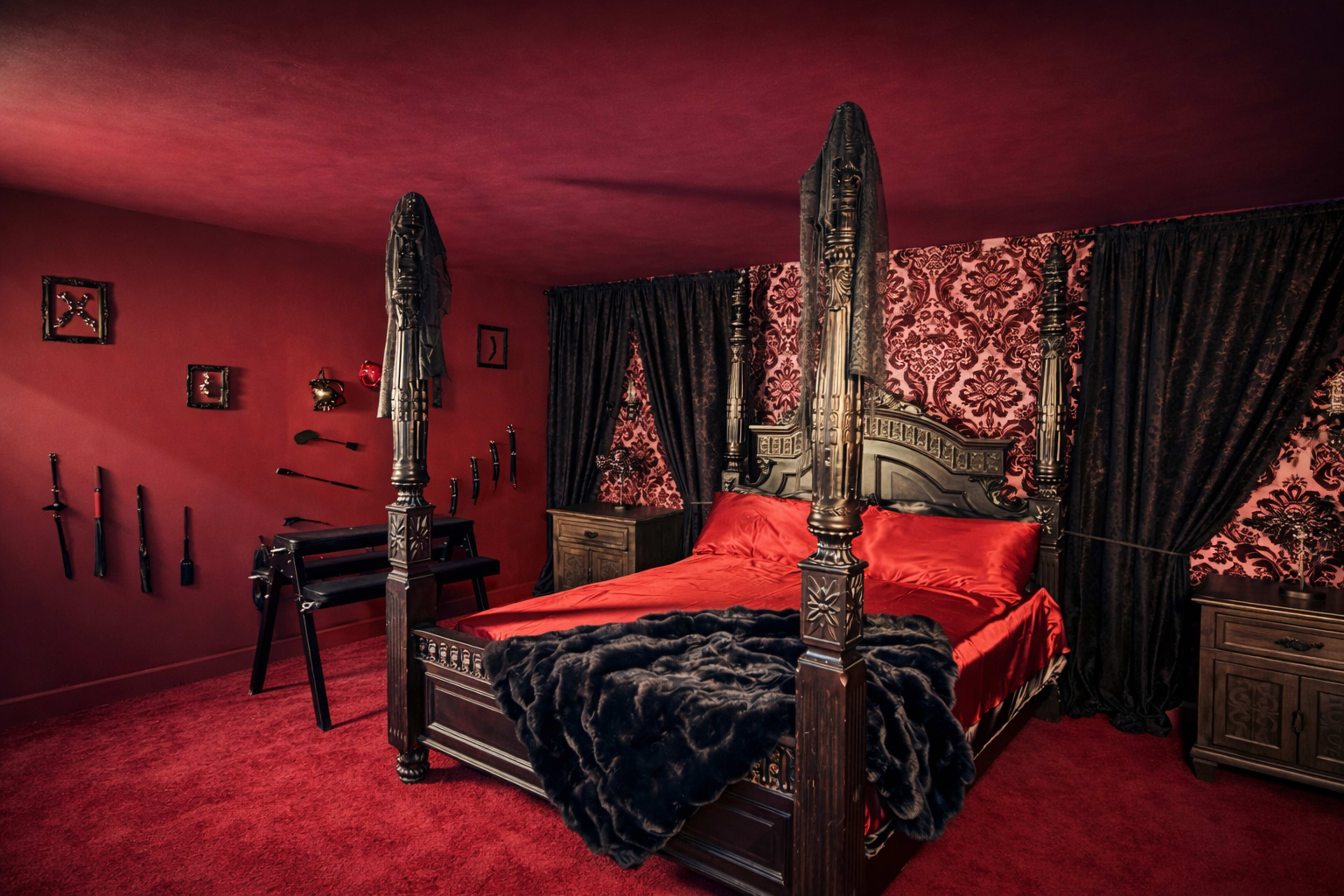 The image depicts a room with red walls and flooring, featuring a large, ornate four-poster bed with red bedding and several knives displayed on the walls.