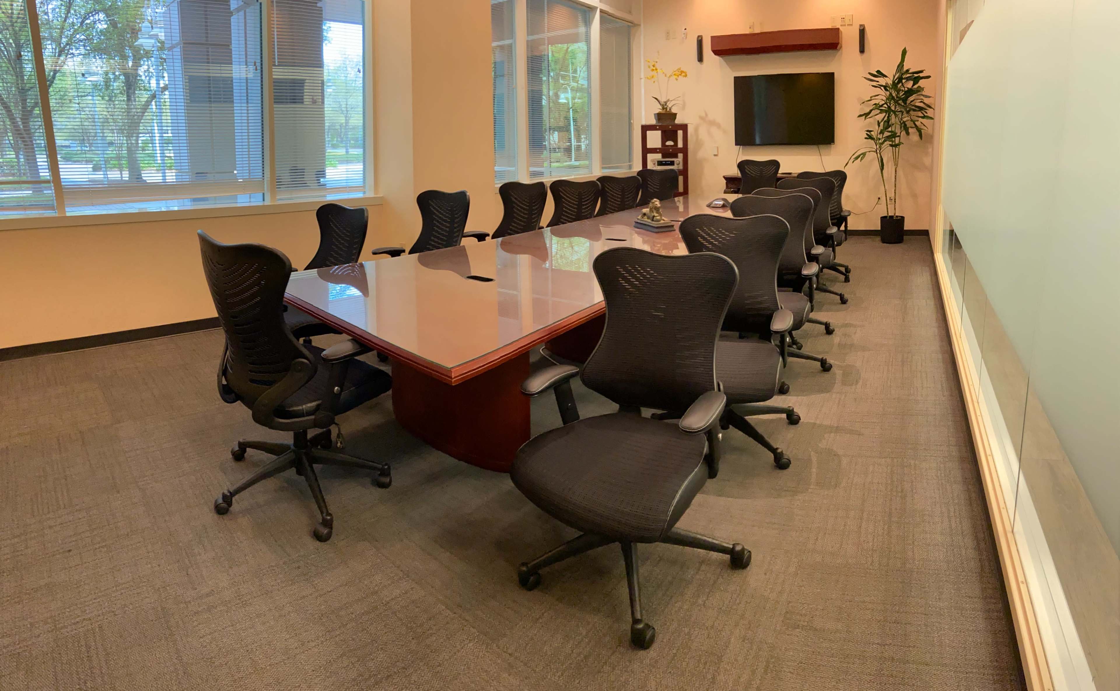 A large conference room features a long table surrounded by ergonomic chairs, with windows providing natural light and a plant in the corner.