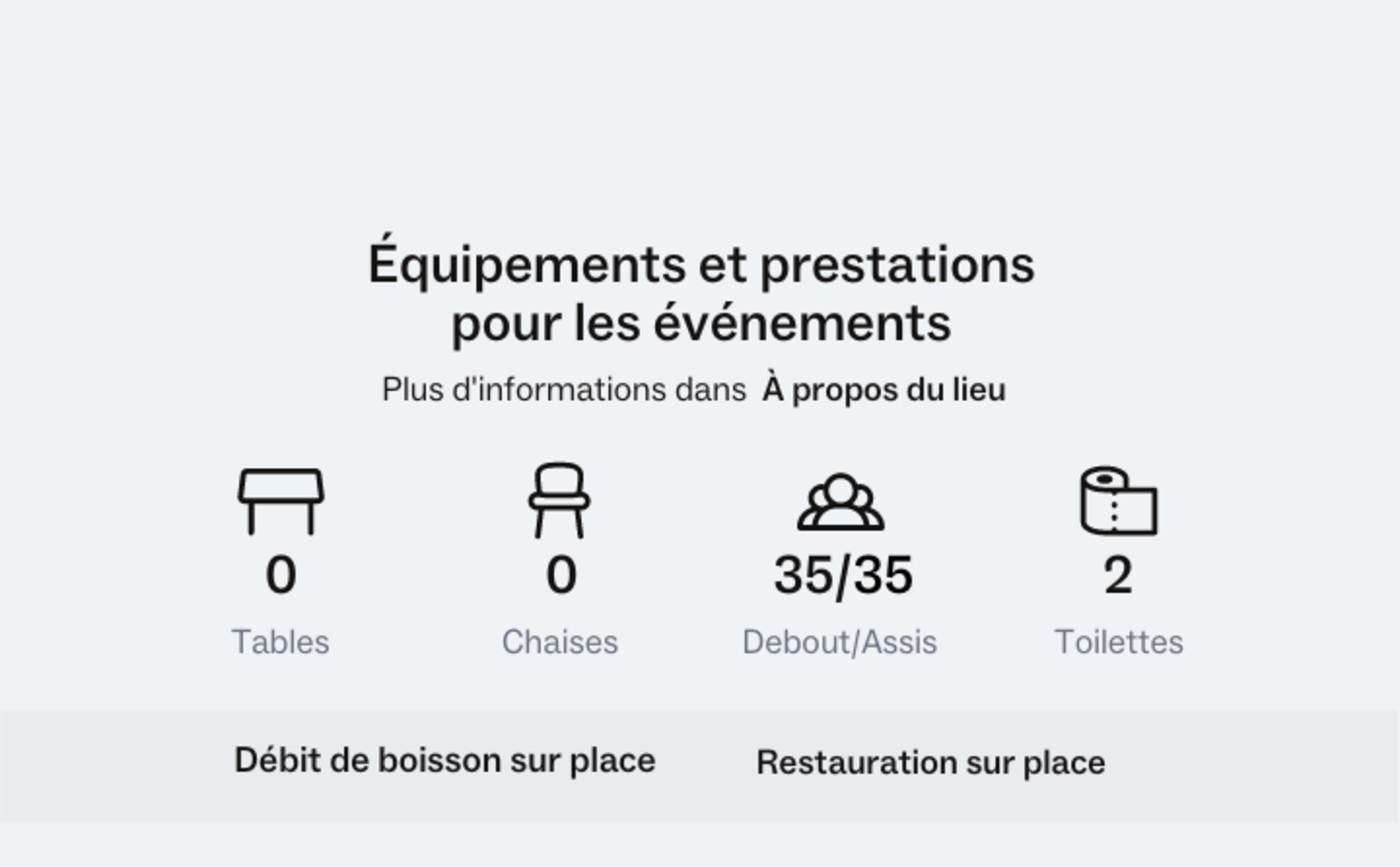 Information about event equipment and services, including the availability of tables, chairs, seating capacity, and restroom facilities.