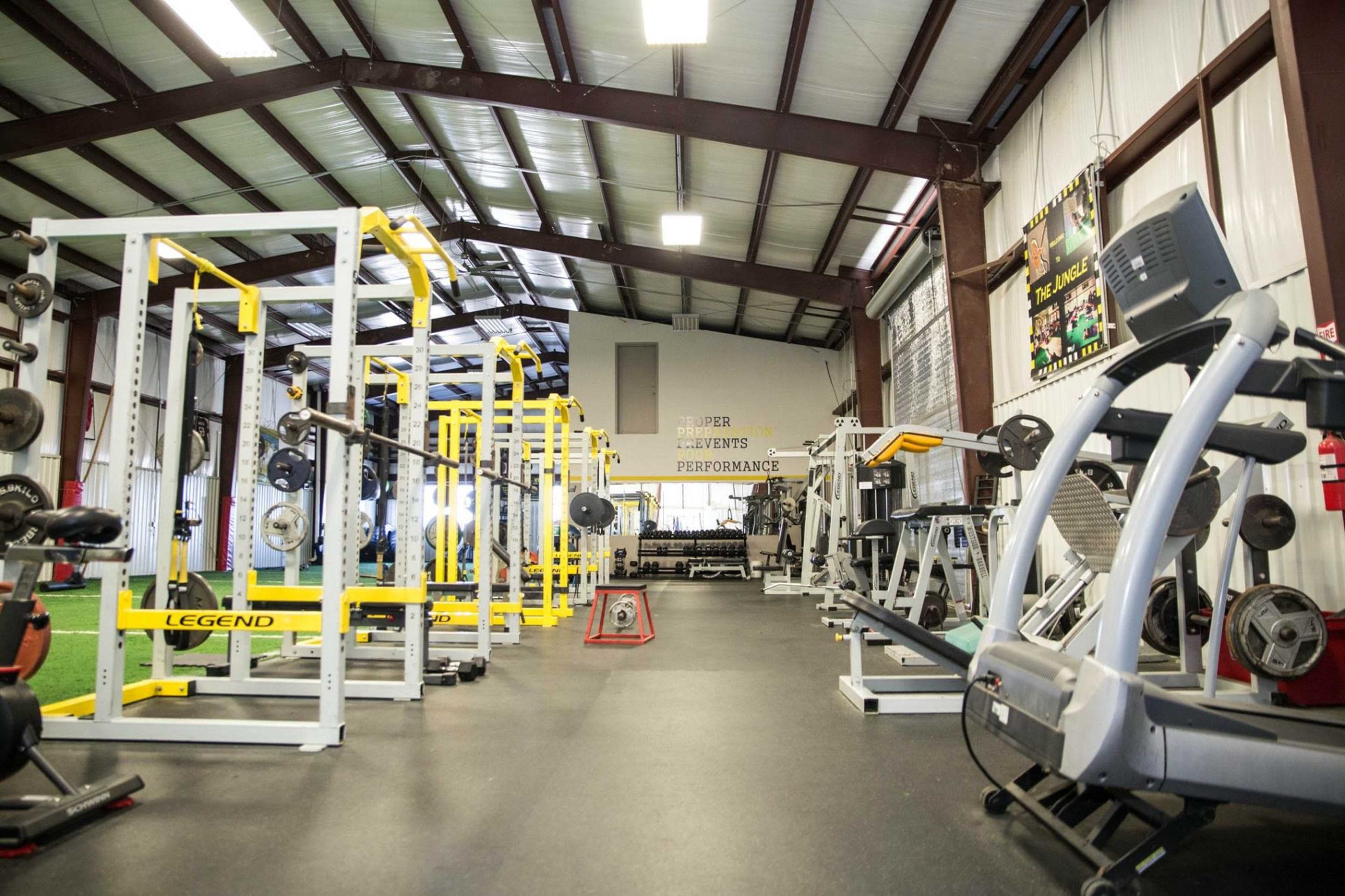 A spacious gym interior with various weightlifting and cardio equipment arranged in orderly rows beneath a high ceiling.