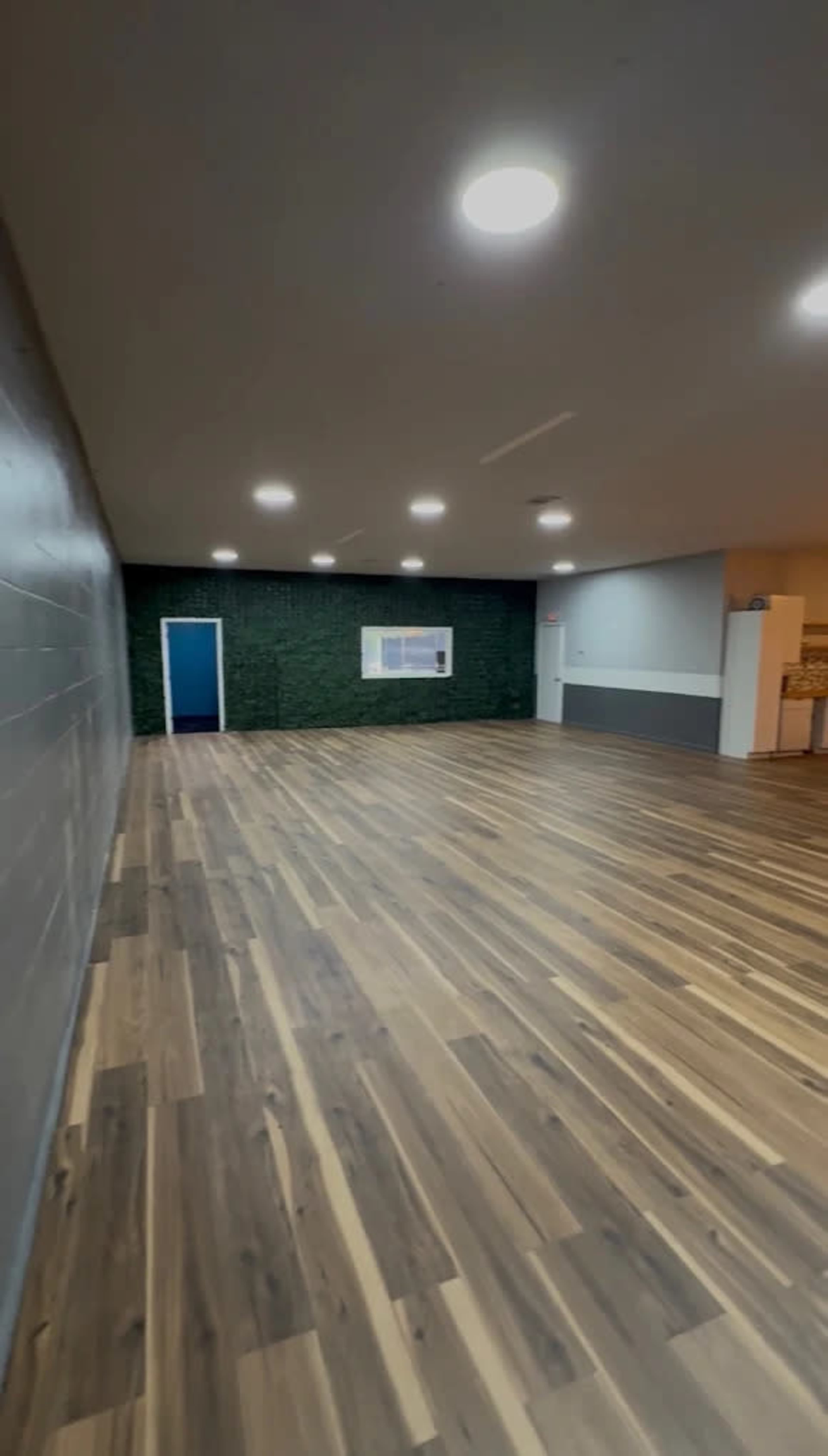The image shows a spacious, empty room with wooden flooring, green wall features, and a blue door on one side.