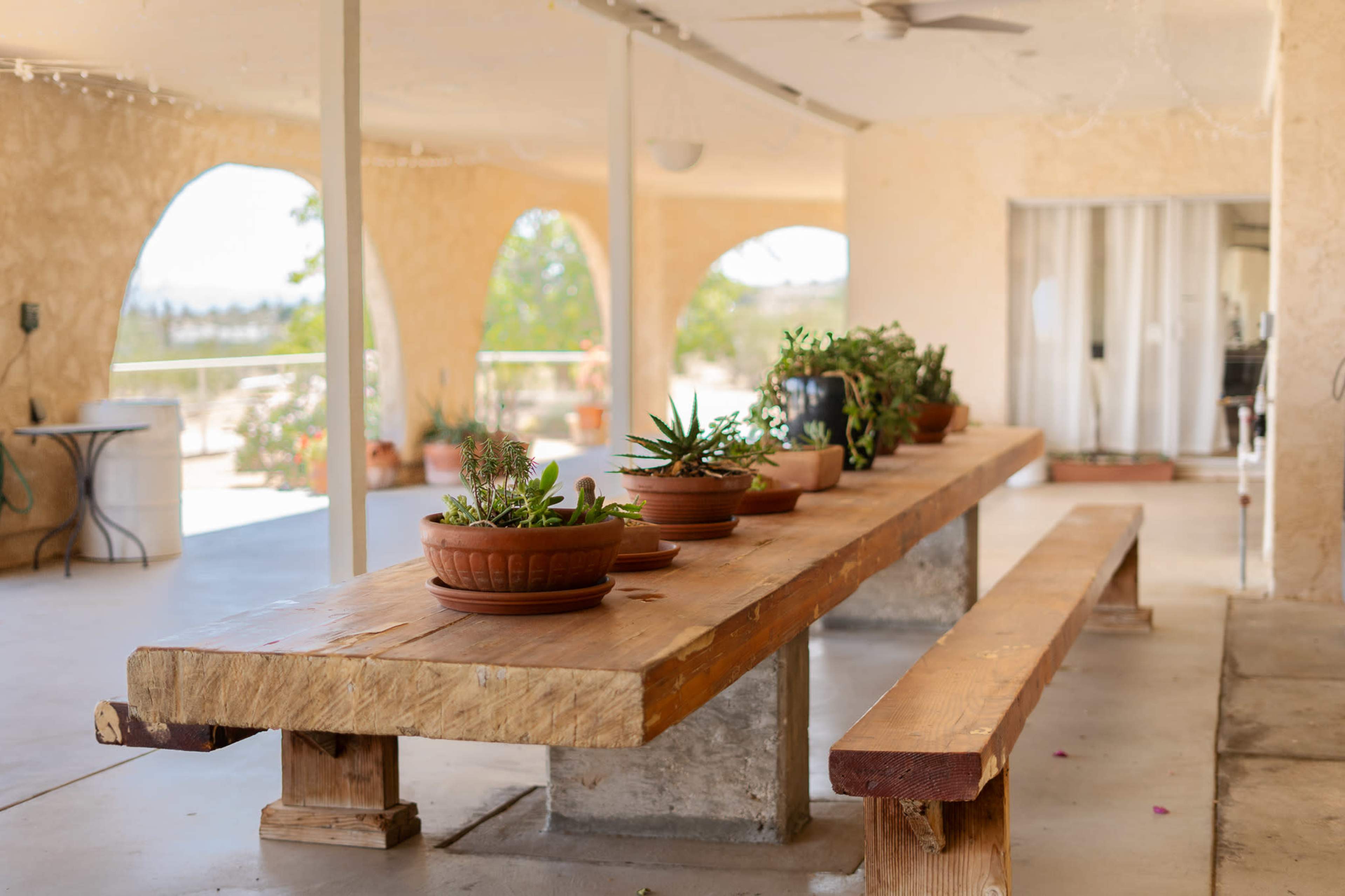 A wooden table with benches is set up on a patio, surrounded by potted plants and arched openings in the walls.