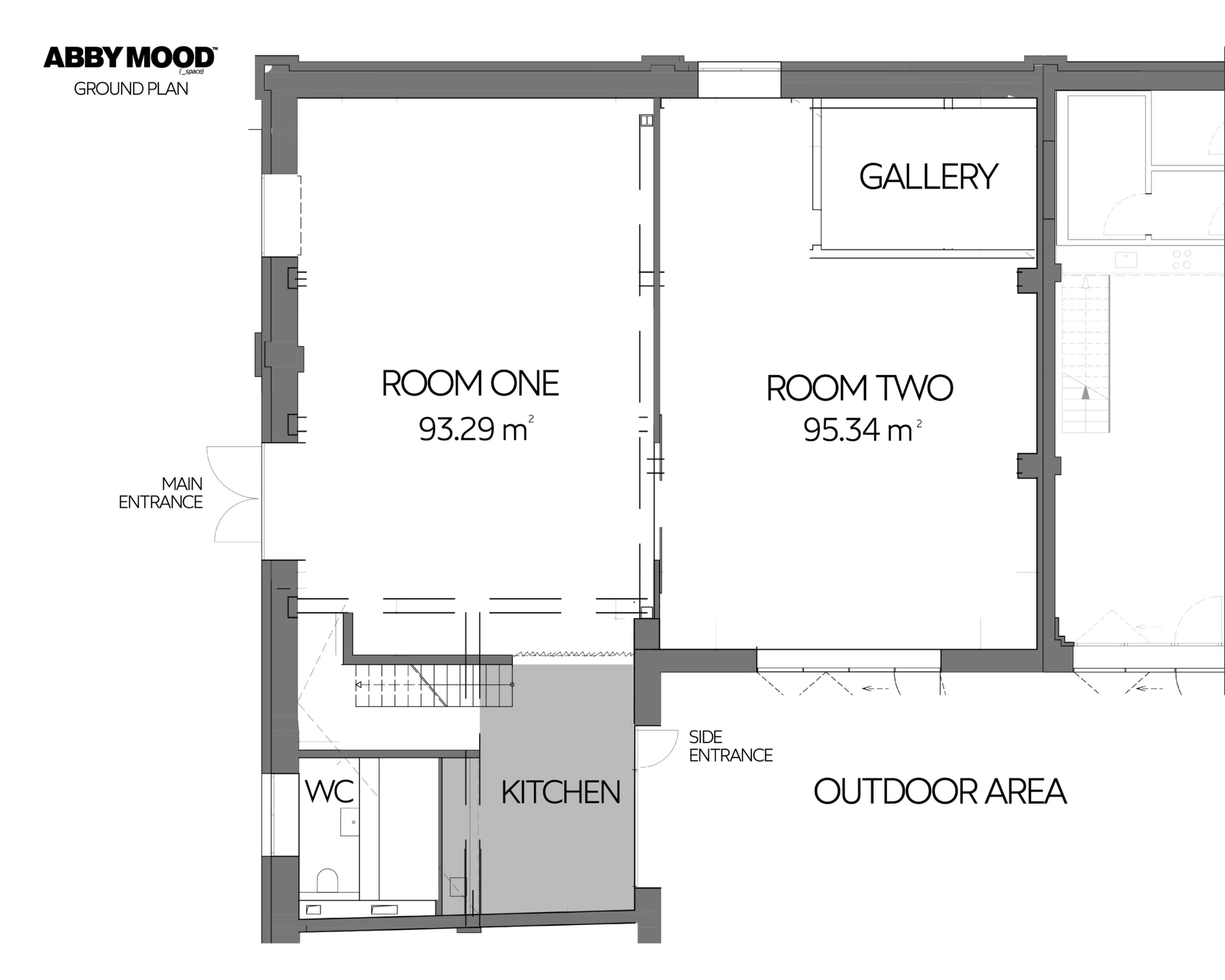The image shows a floor plan labeled "Ground Plan" with designated areas for two rooms, a gallery, a kitchen, a WC, and an outdoor area.