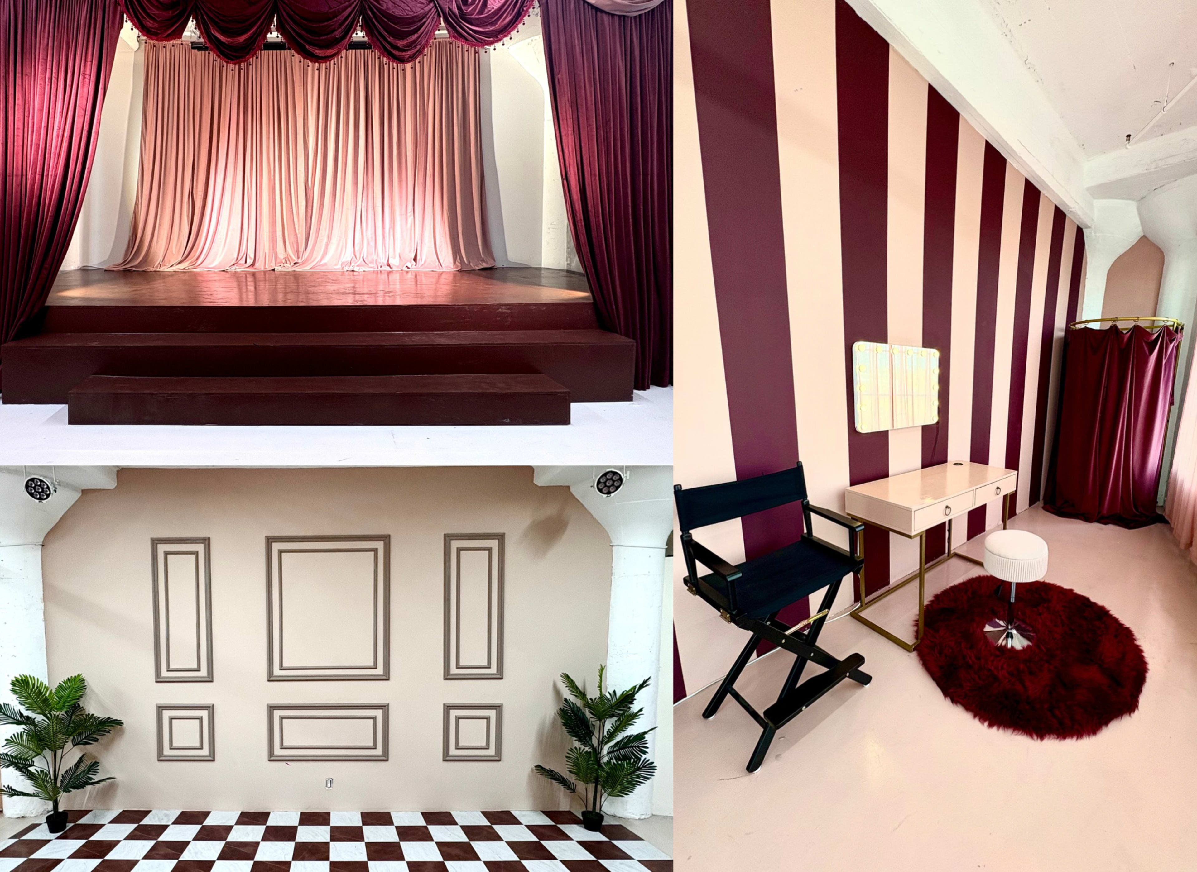 The image shows a divided space featuring a stage with draped curtains, a decorative wall with vertical stripes, and a styled vanity area with a chair and mirror.