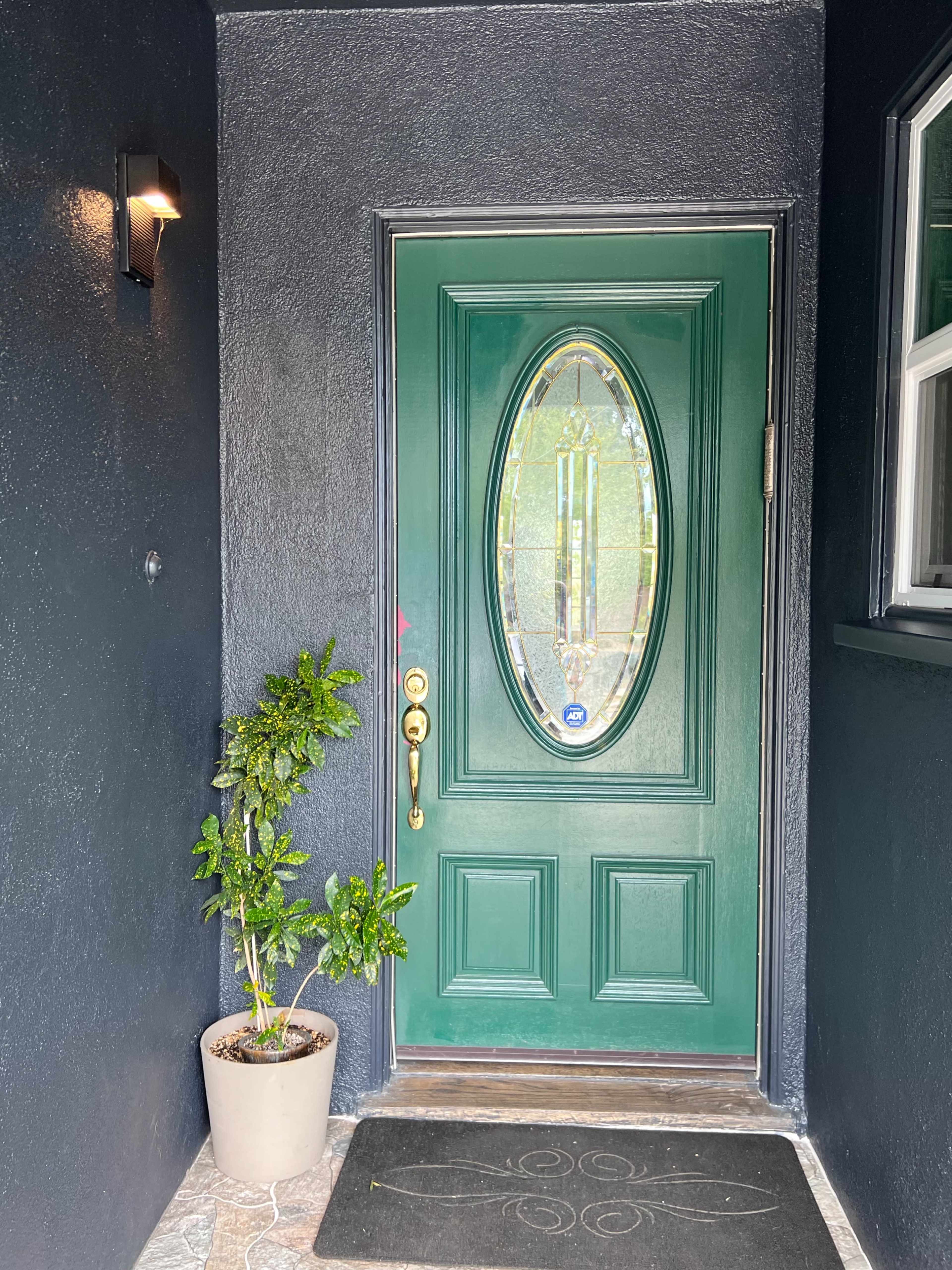 A green front door with an oval window, set against a black wall, accompanied by a potted plant and a welcome mat.