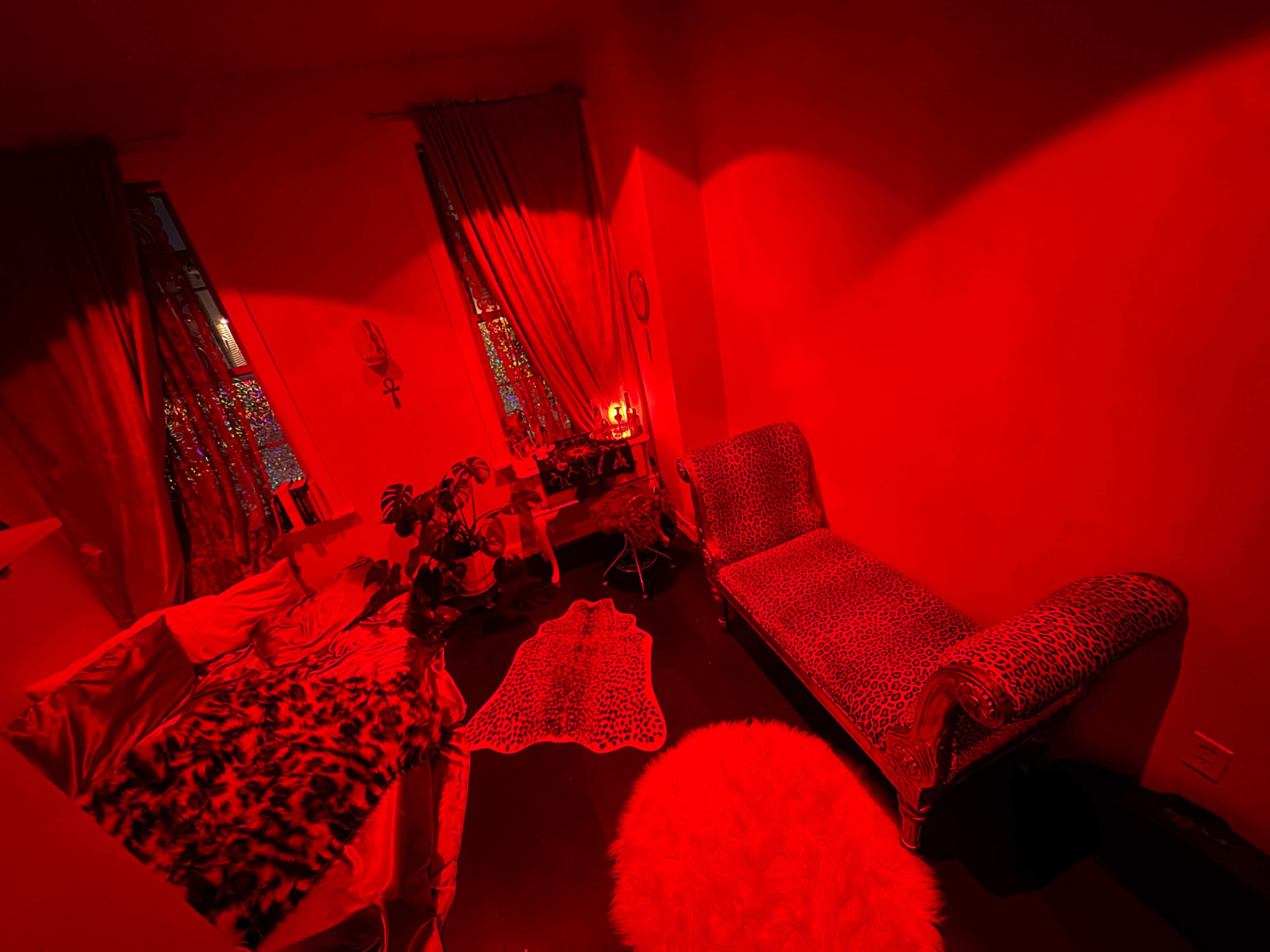 The room features red lighting, leopard-print decor, and plants, with a chaise lounge and a small table.