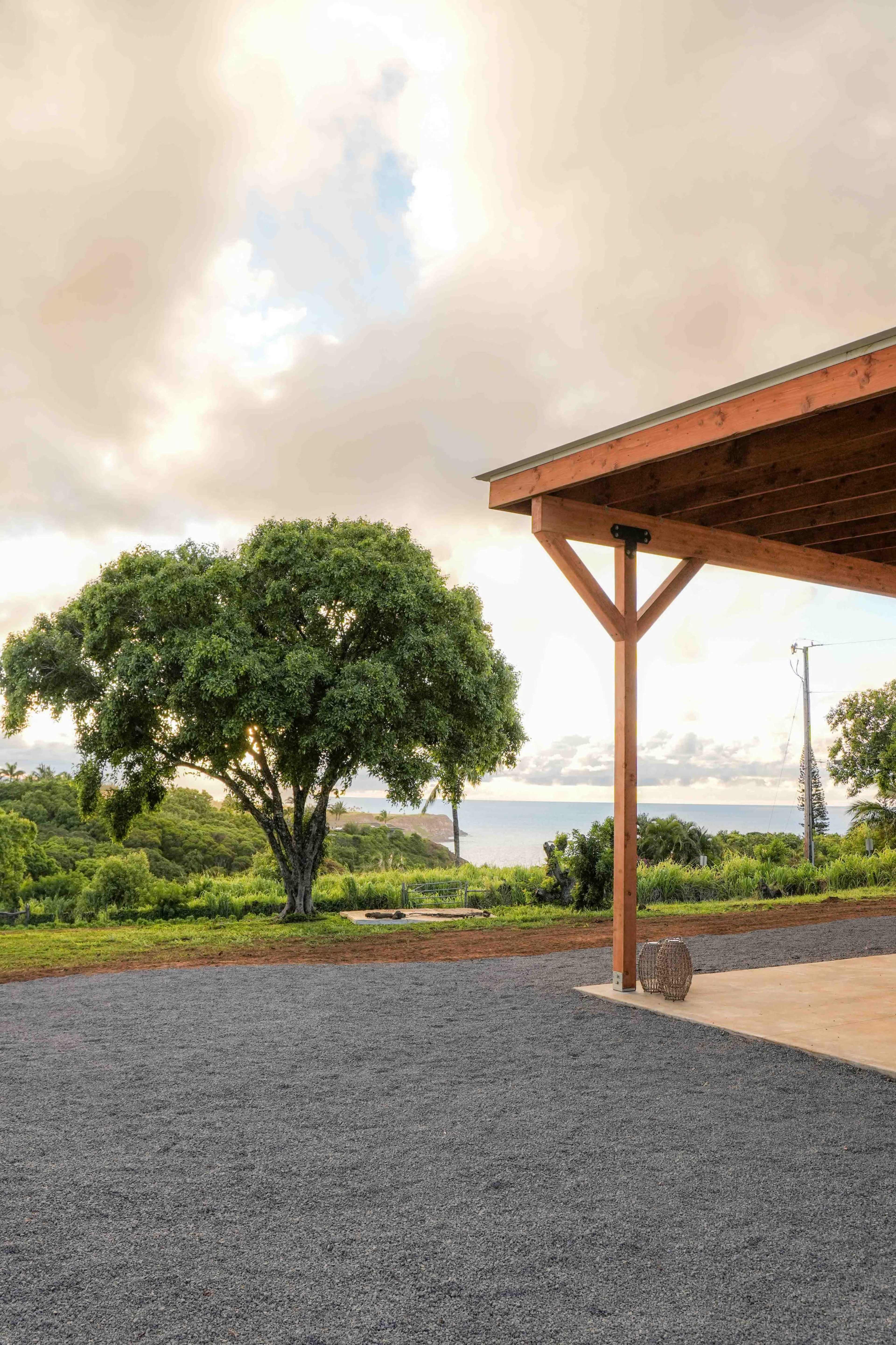 A large tree stands near a gravel area in front of a structure, with a landscape of greenery and the ocean visible in the background.