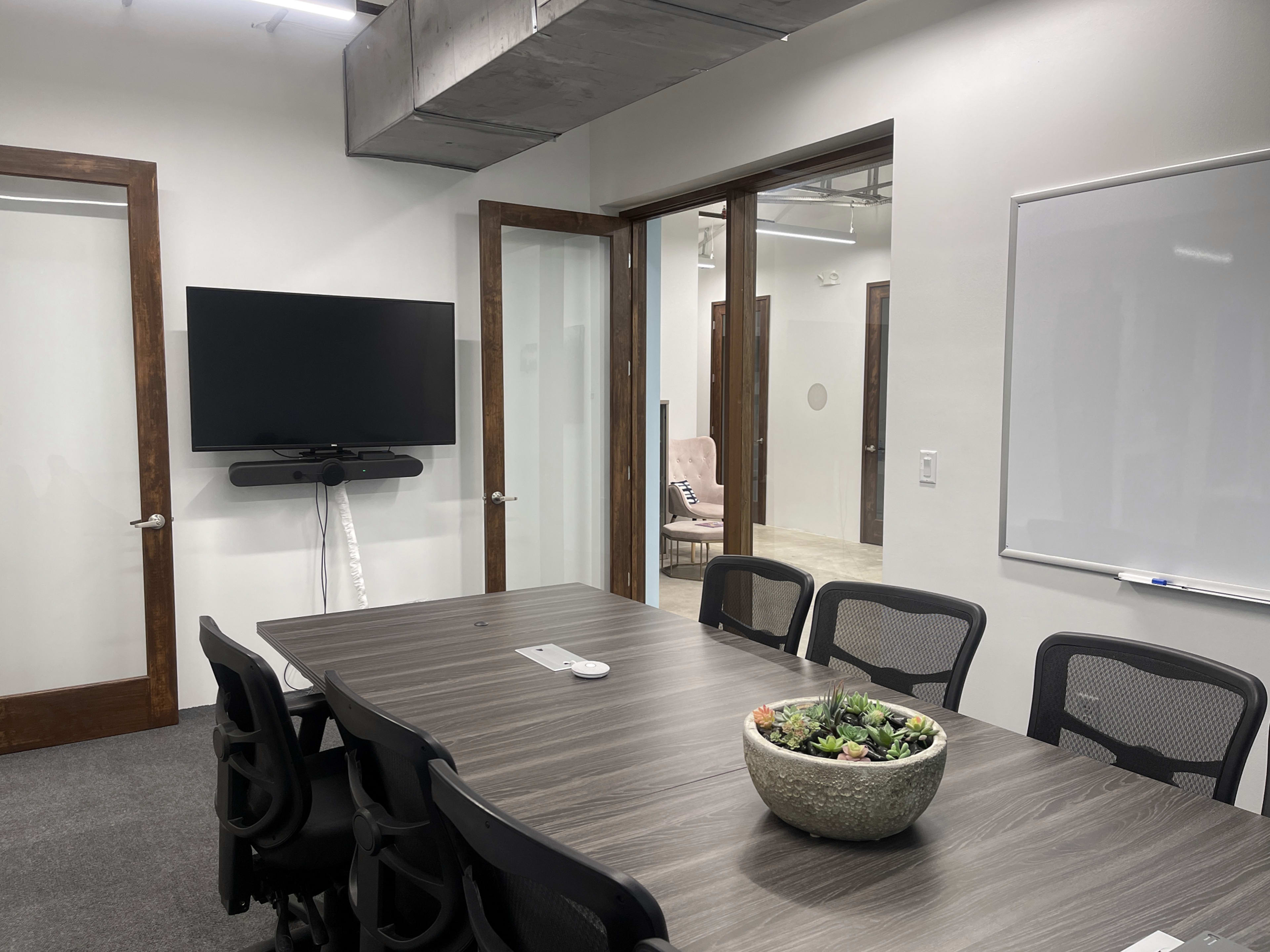 A modern conference room features a large wooden table, black chairs, a television mounted on the wall, and a decorative bowl of succulents at the center.