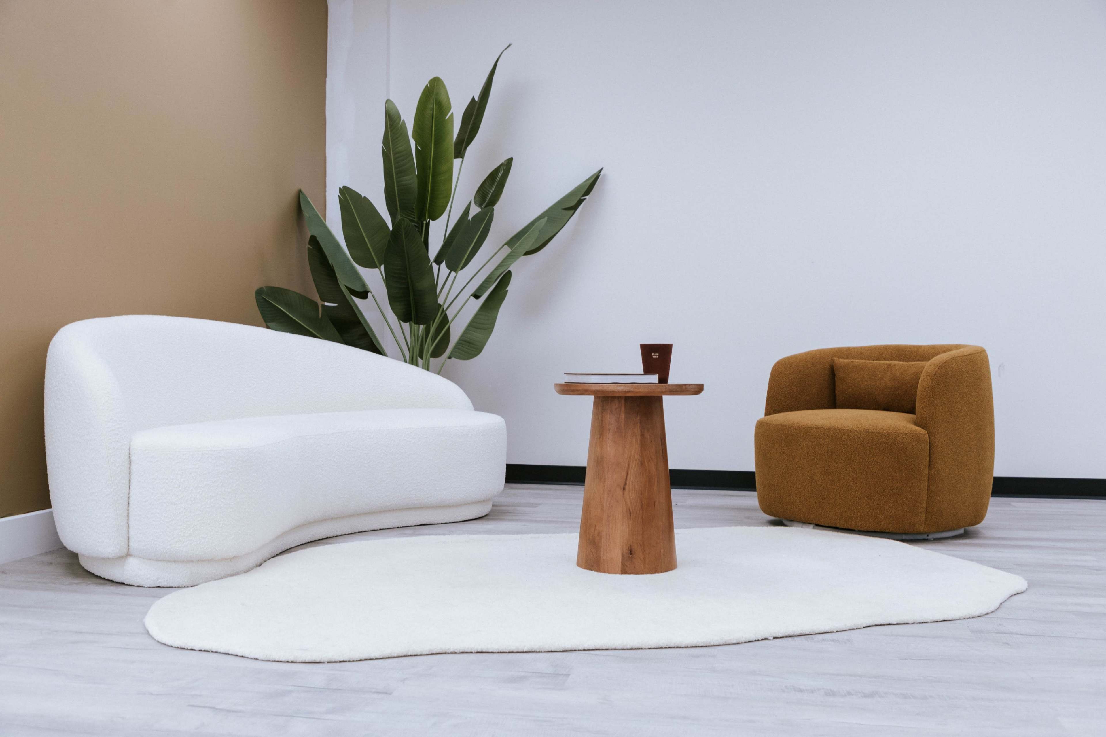 The image shows a modern seating area with a white curved sofa, an orange armchair, a circular wooden table, and a large green plant against a neutral wall.