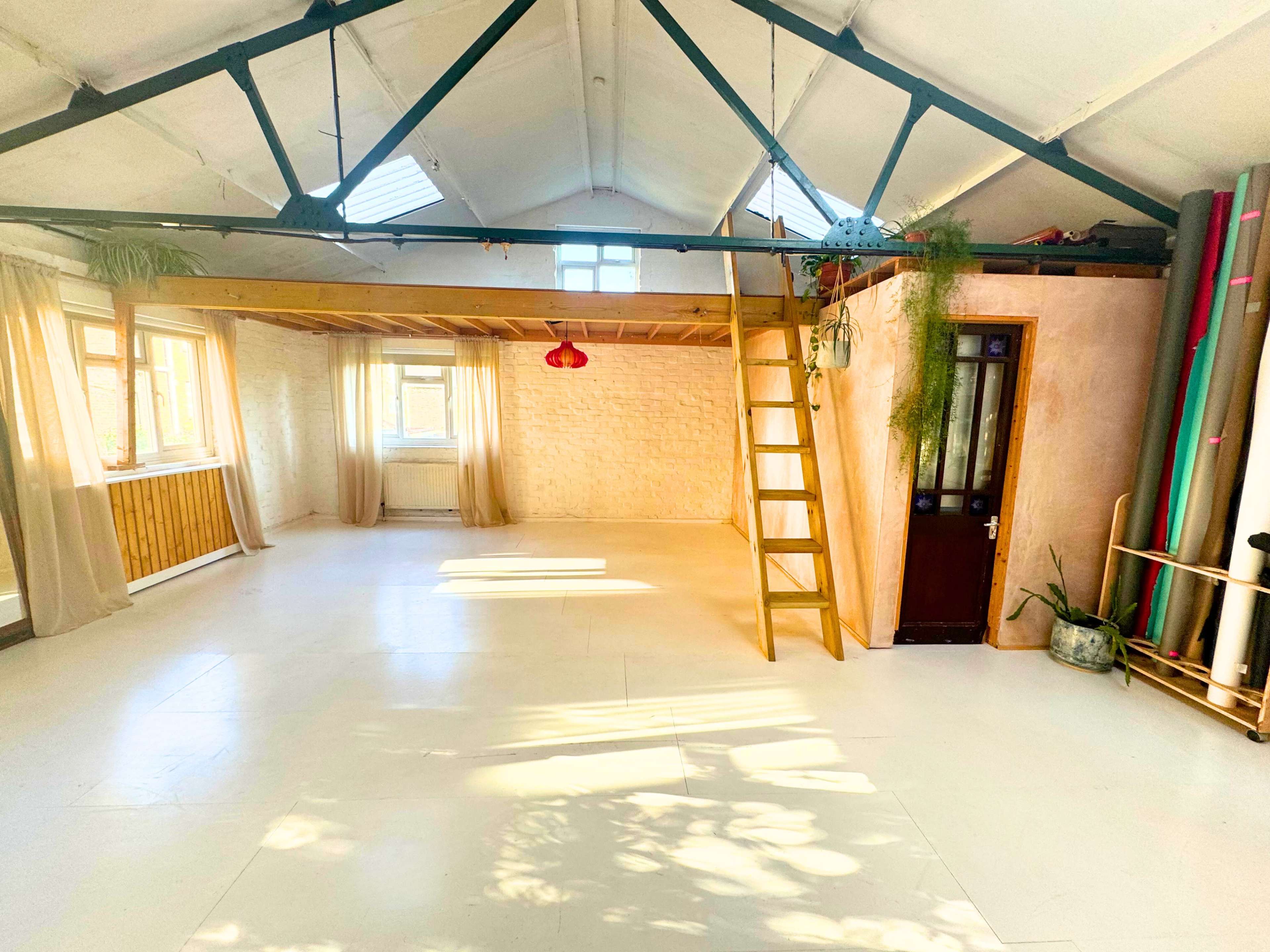 An airy indoor space with high ceilings, large windows, a wooden ladder leading to an upper level, and various plants.