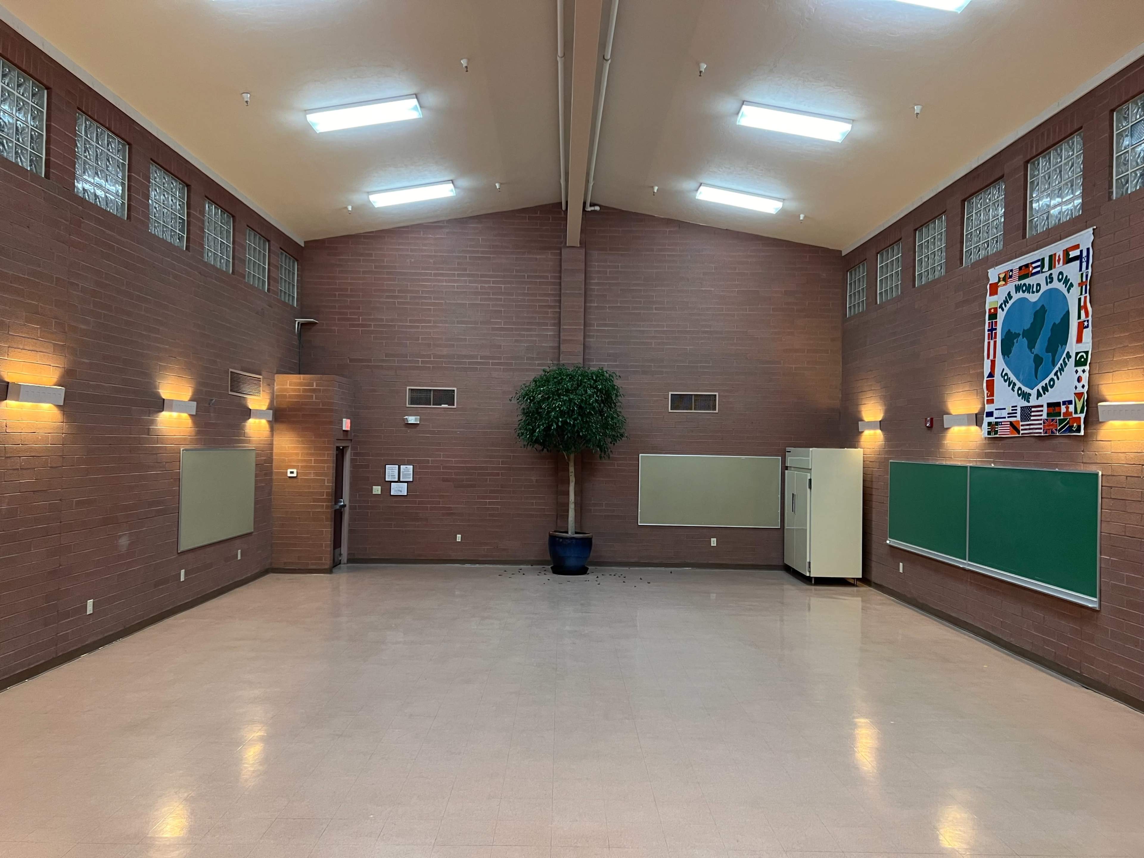 The image shows a spacious, empty classroom with brick walls, two green chalkboards, and a large potted plant in the center.