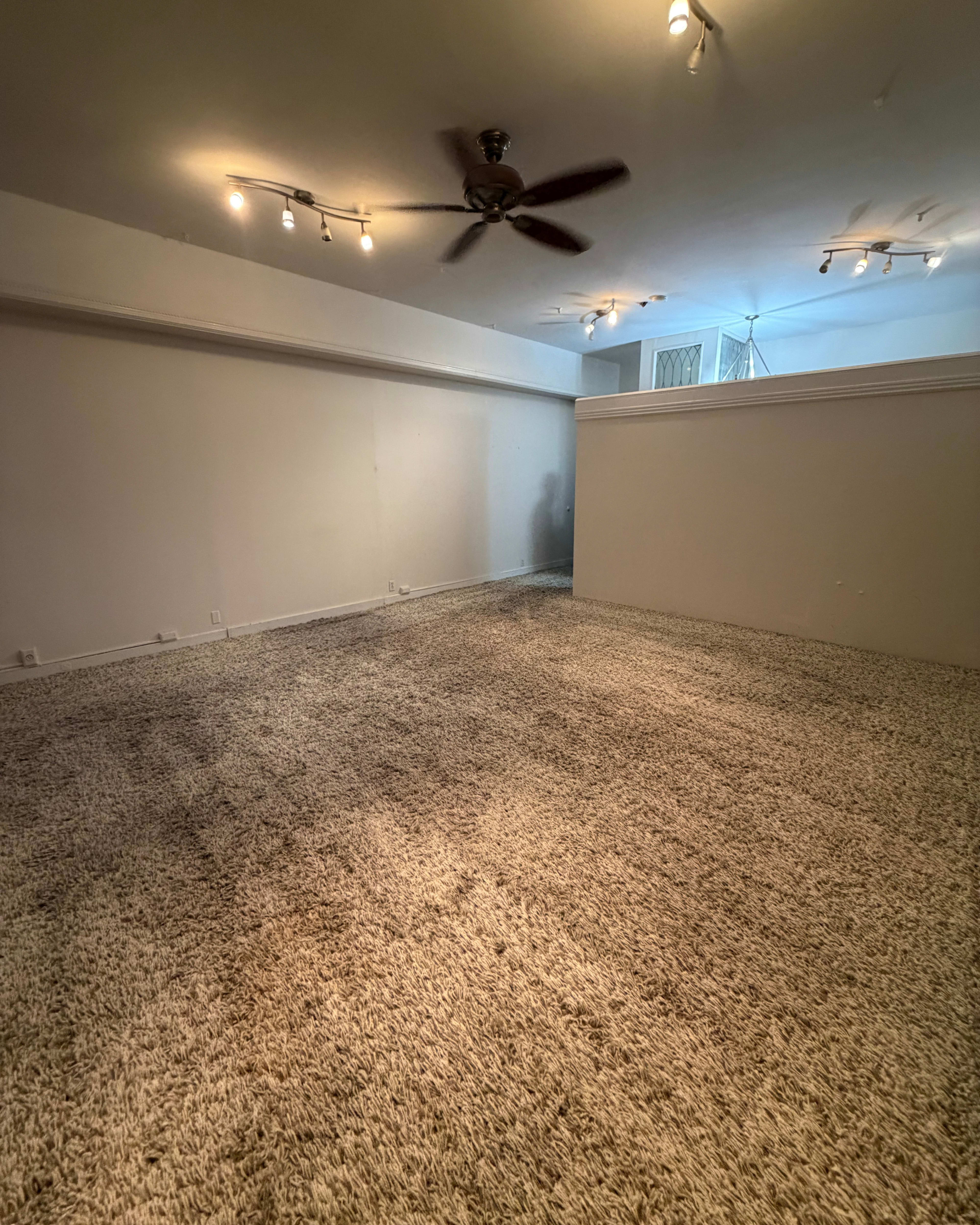 The image shows a spacious room with carpeted flooring, a ceiling fan, and track lighting on the walls.