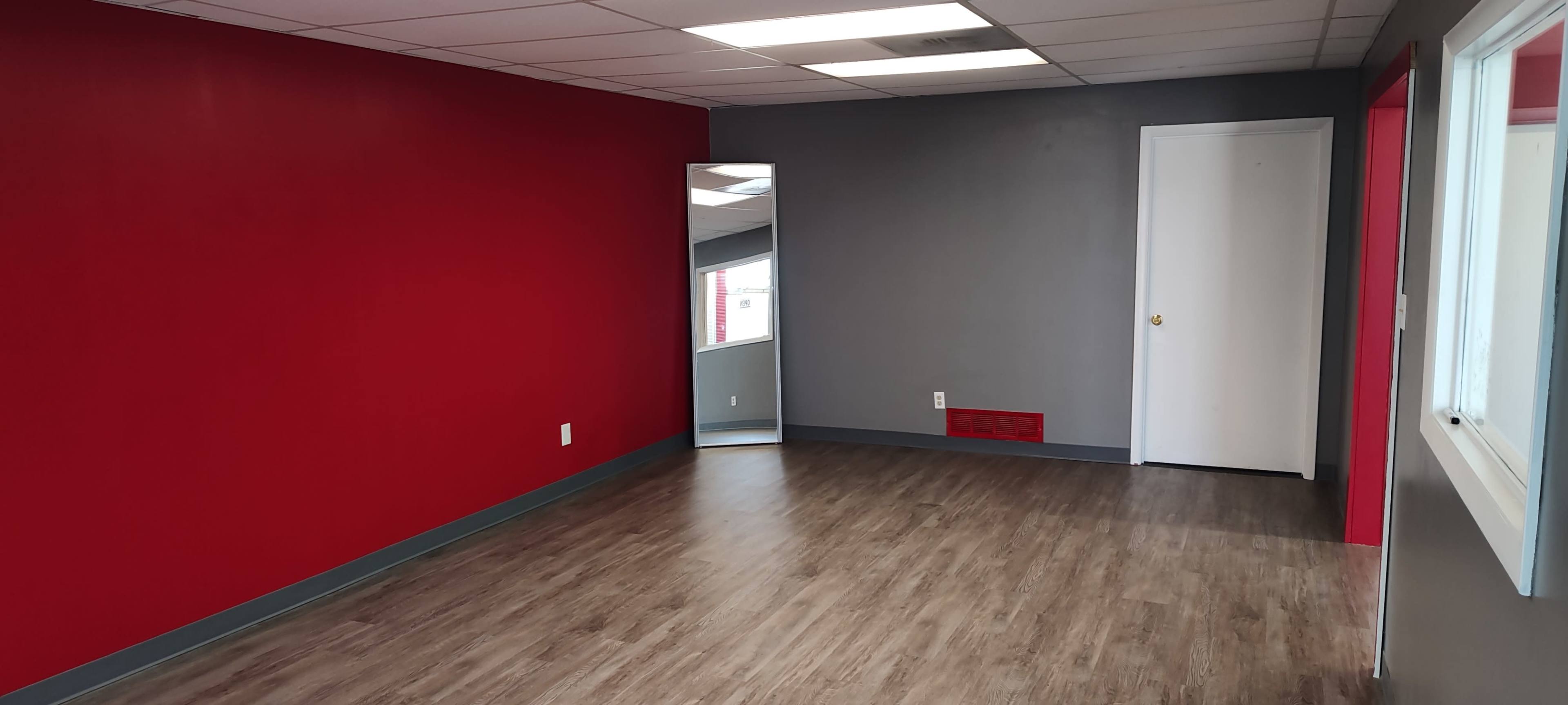The image shows an empty room with one red wall, a gray wall, a mirror, and a door.