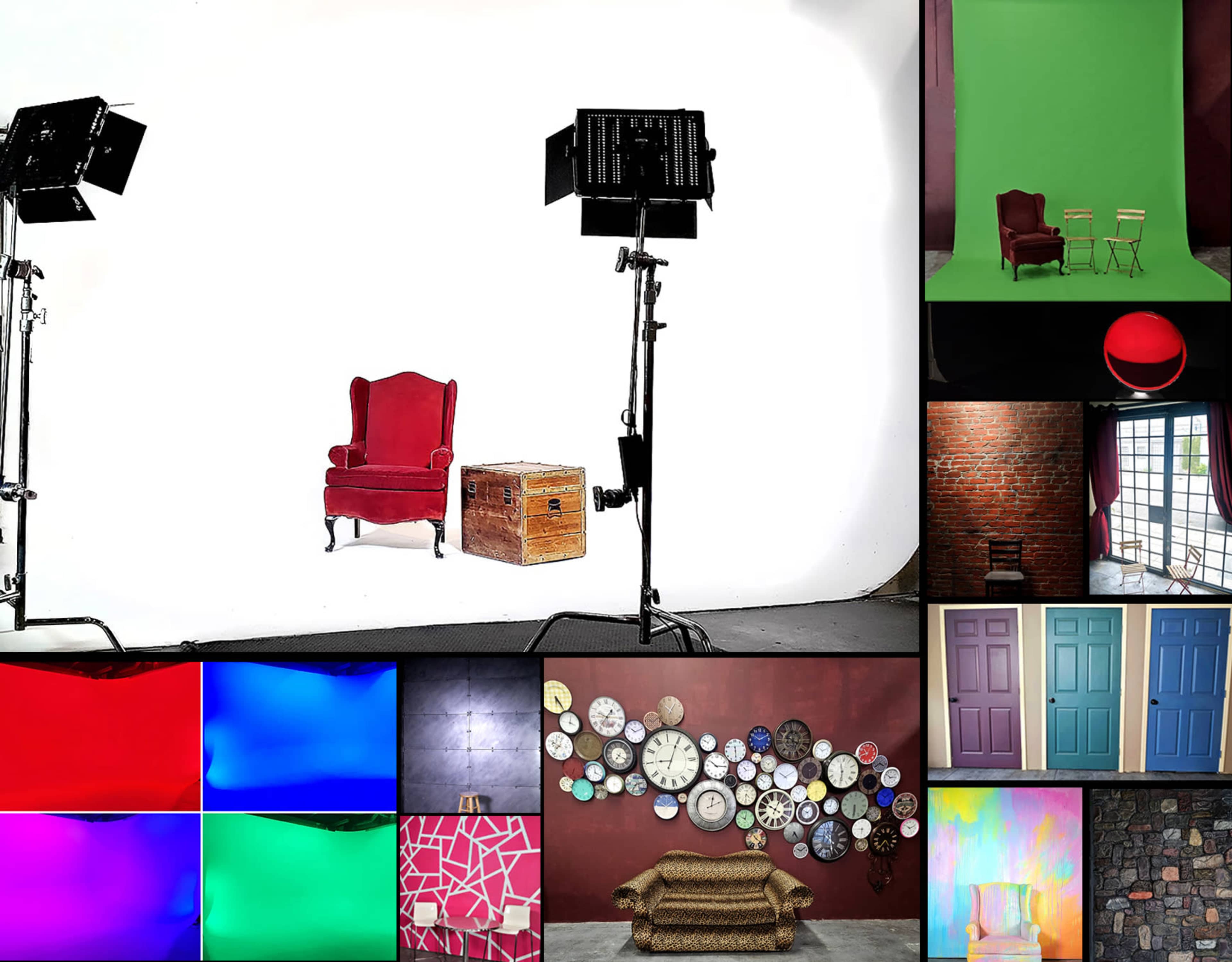 A studio setup with a red armchair on a wooden crate under lighting equipment, alongside various colorful backgrounds and props.