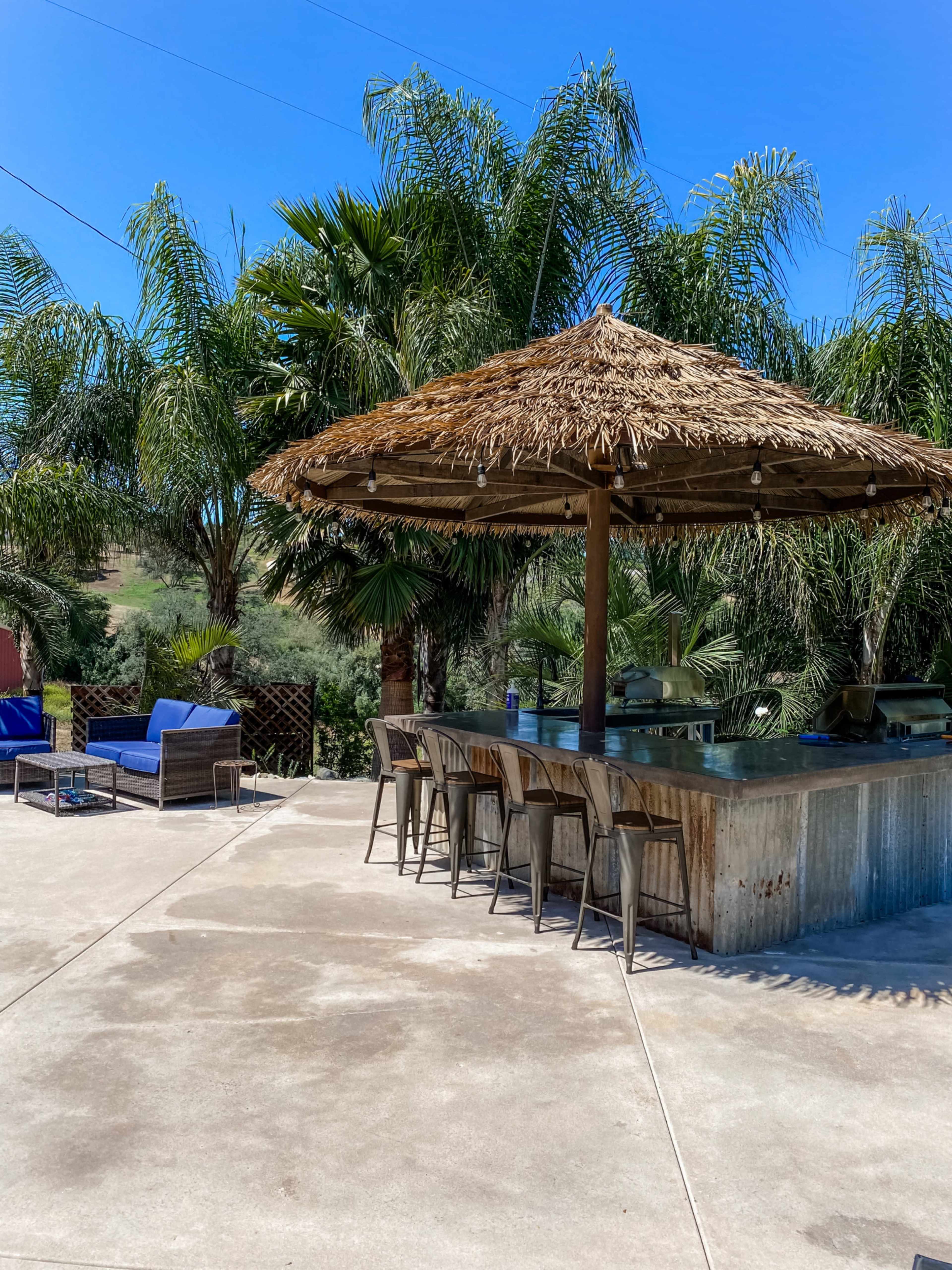 A shaded outdoor bar with high stools and a thatched roof is surrounded by palm trees and lounge chairs on a concrete patio.