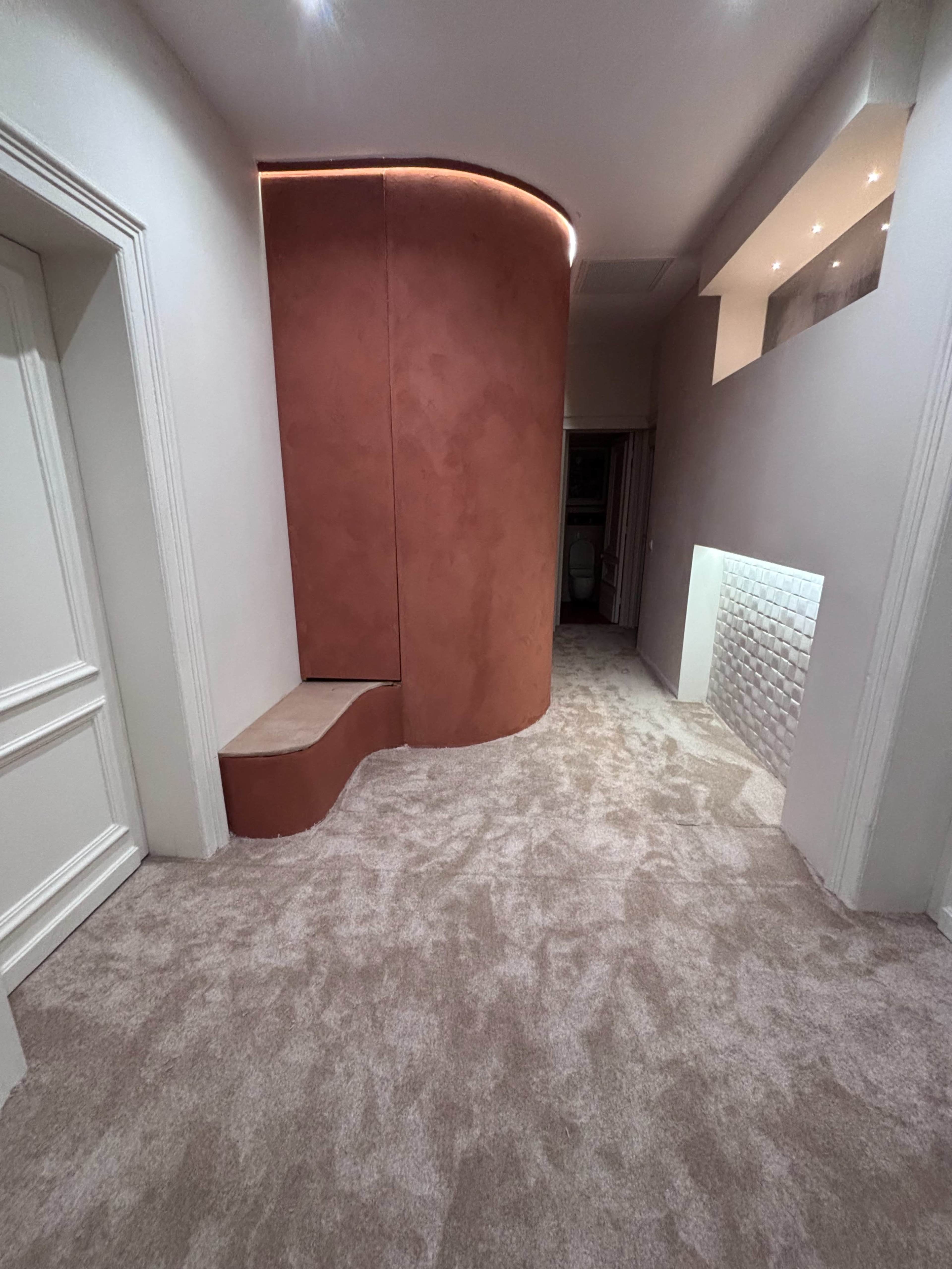 The image shows a hallway with a curved, reddish-brown wall feature and a carpeted floor.