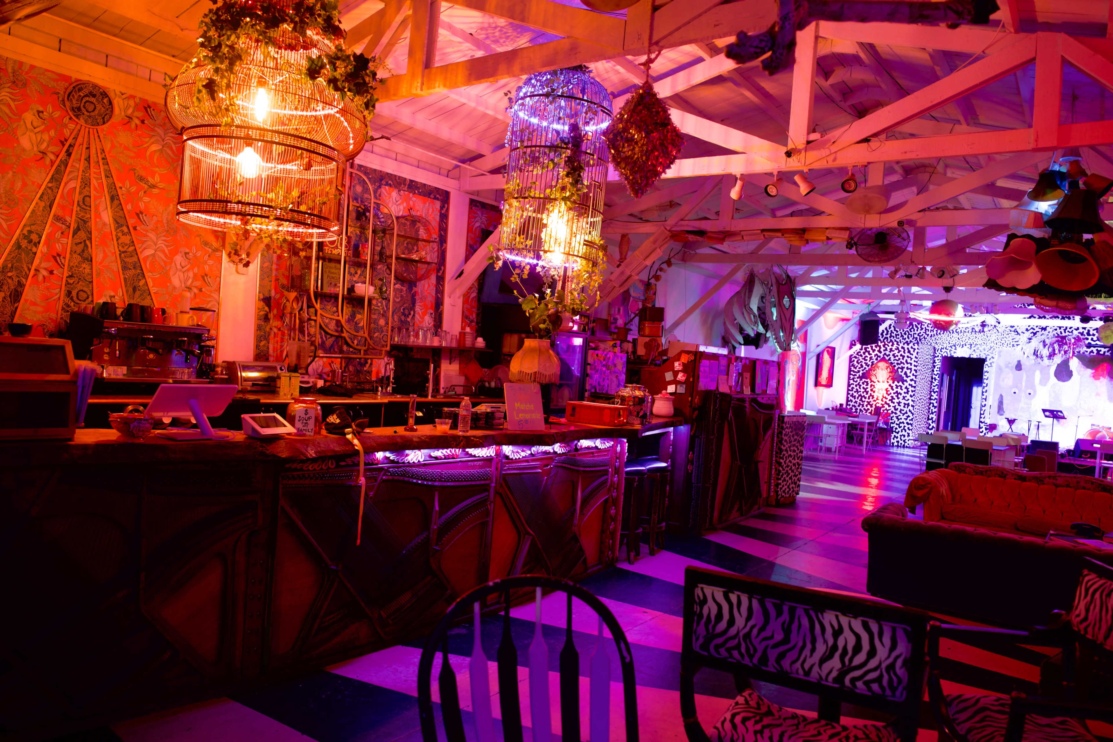 The image shows a vibrant lounge with colorful lighting, featuring a bar area lined with stools and decorated with hanging plants and artistic wall designs.
