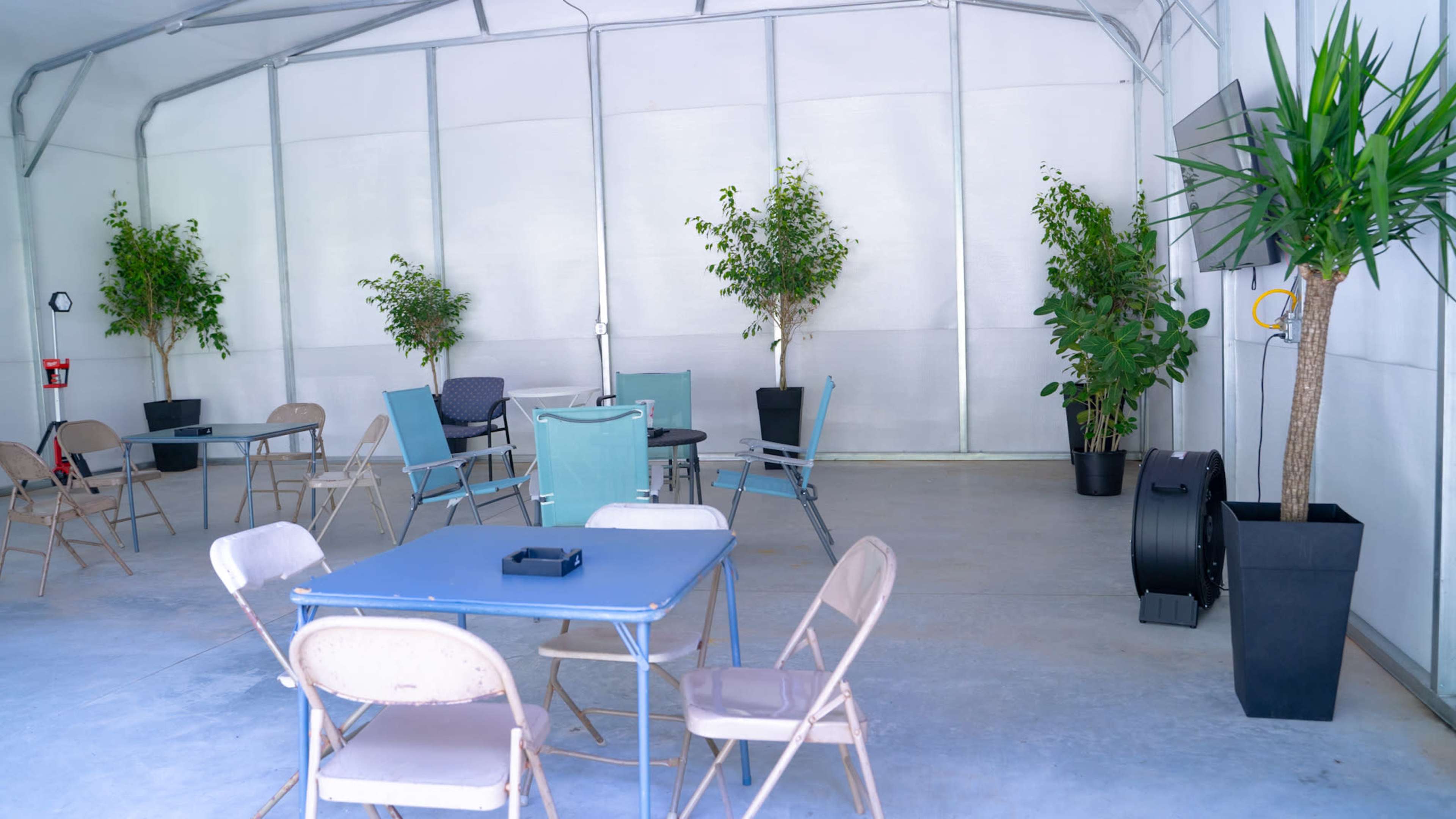 A spacious indoor area features several tables and chairs arranged around potted plants, with a wall-mounted screen in one corner.