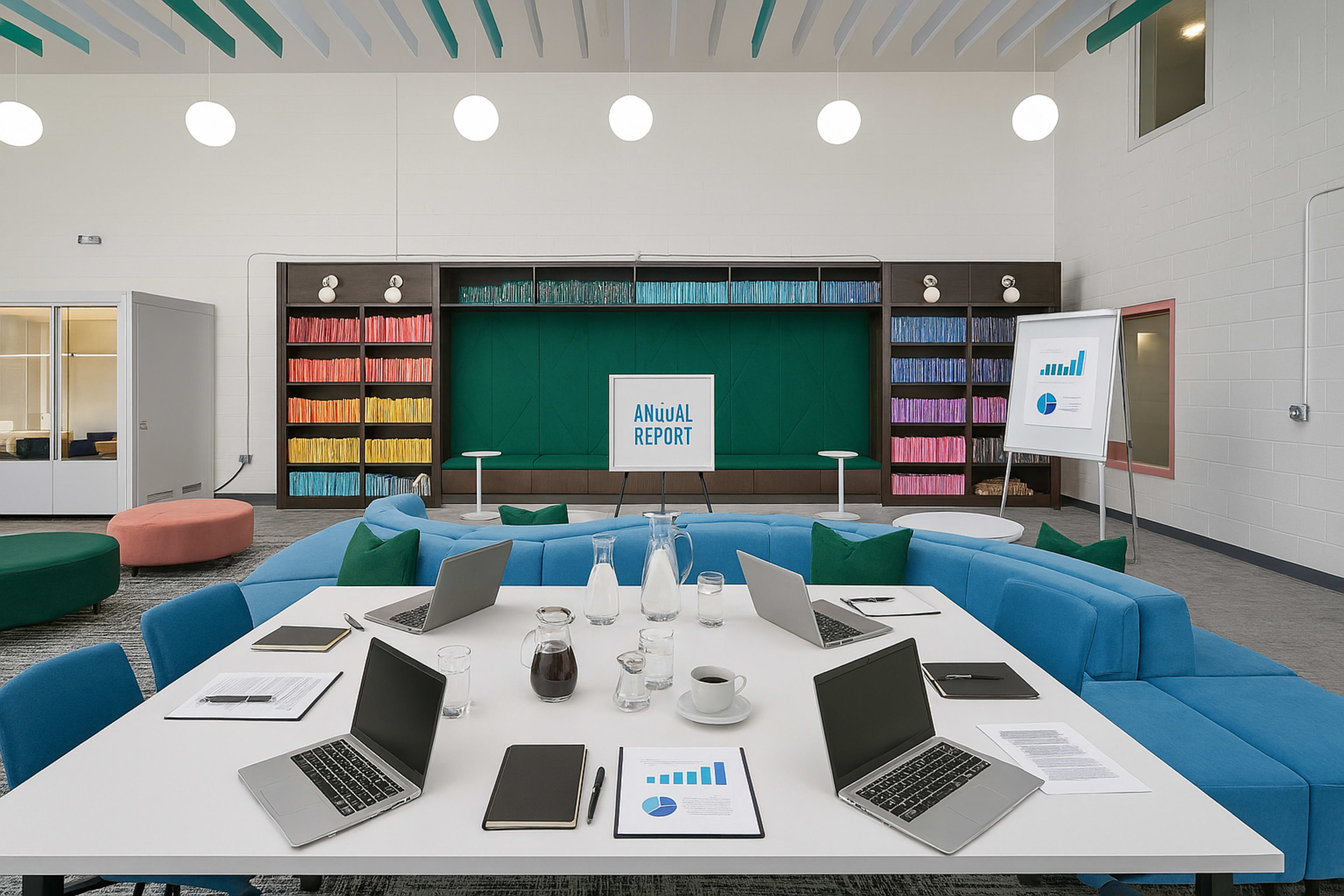 A modern meeting room features a large, light blue rectangular table surrounded by laptops, charts, and refreshments, with colorful bookshelves in the background.