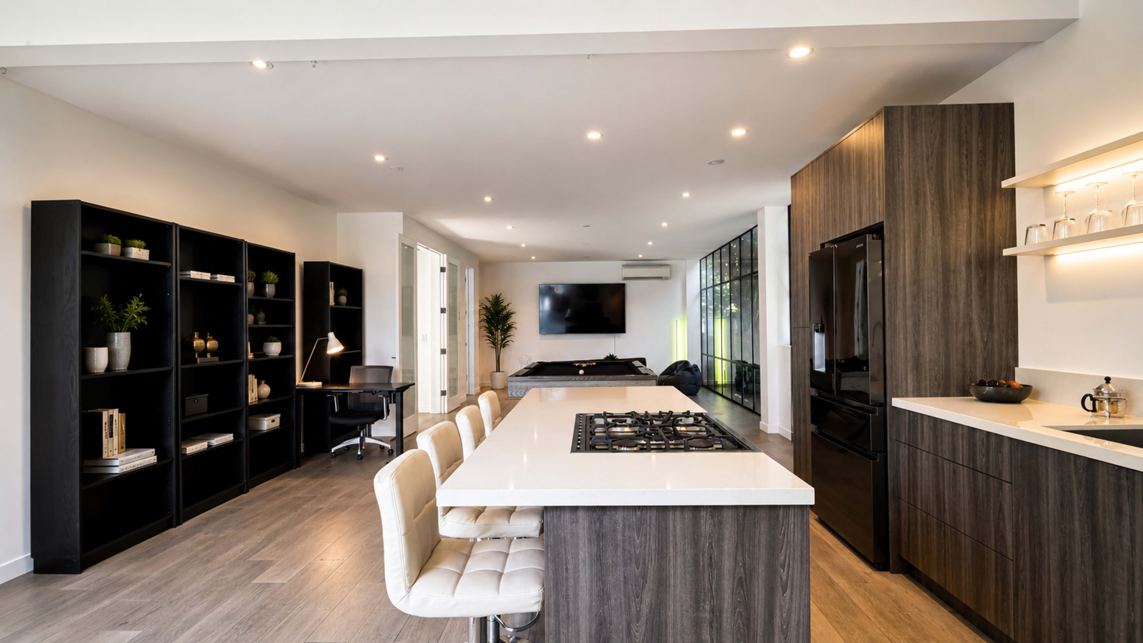 The image shows a modern open-concept living space featuring a kitchen with a central island, a black bookshelf, a desk area, and a large TV mounted on the wall.