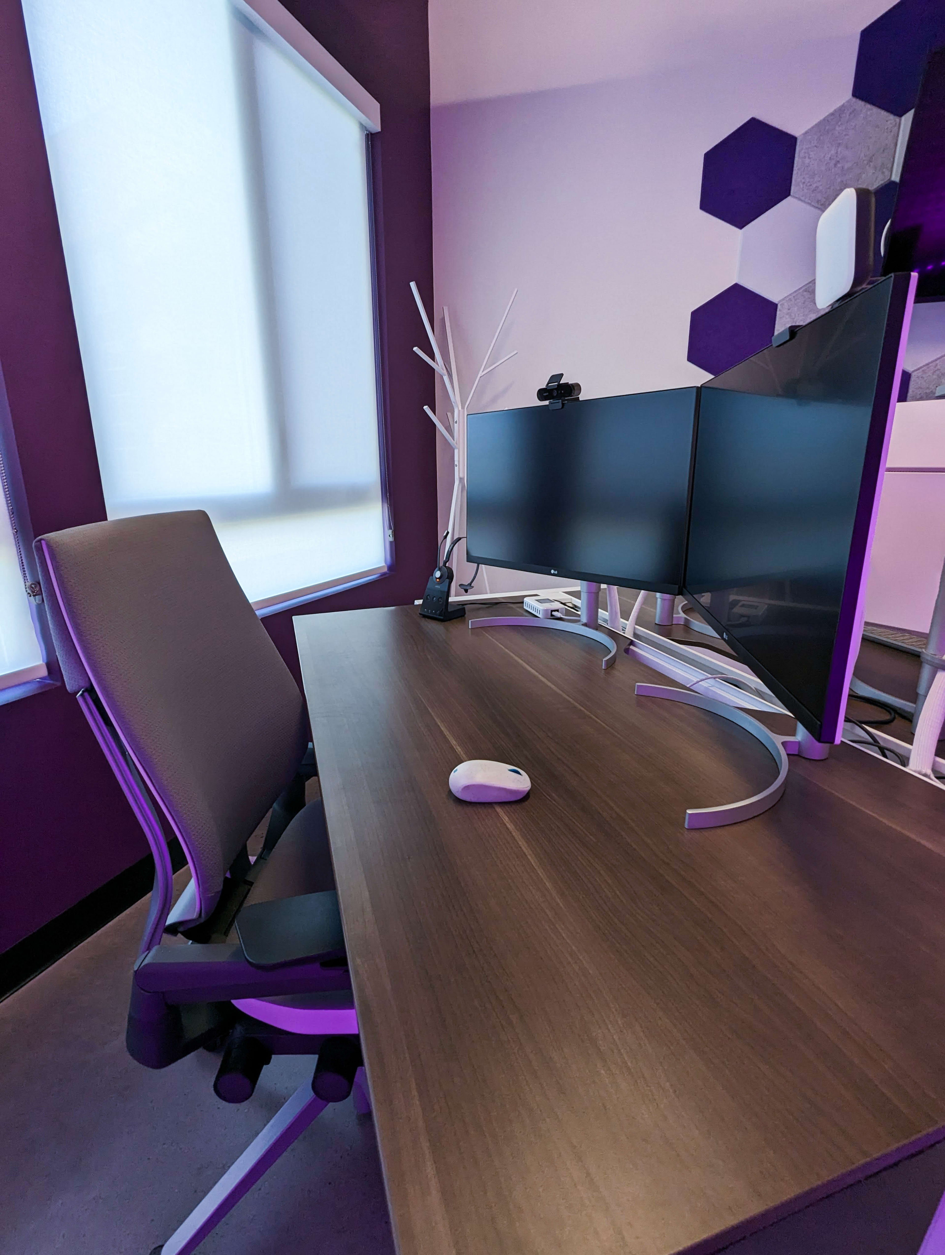 A modern workspace features a dual monitor setup on a wooden desk with an ergonomic chair and artificial plant in the background.