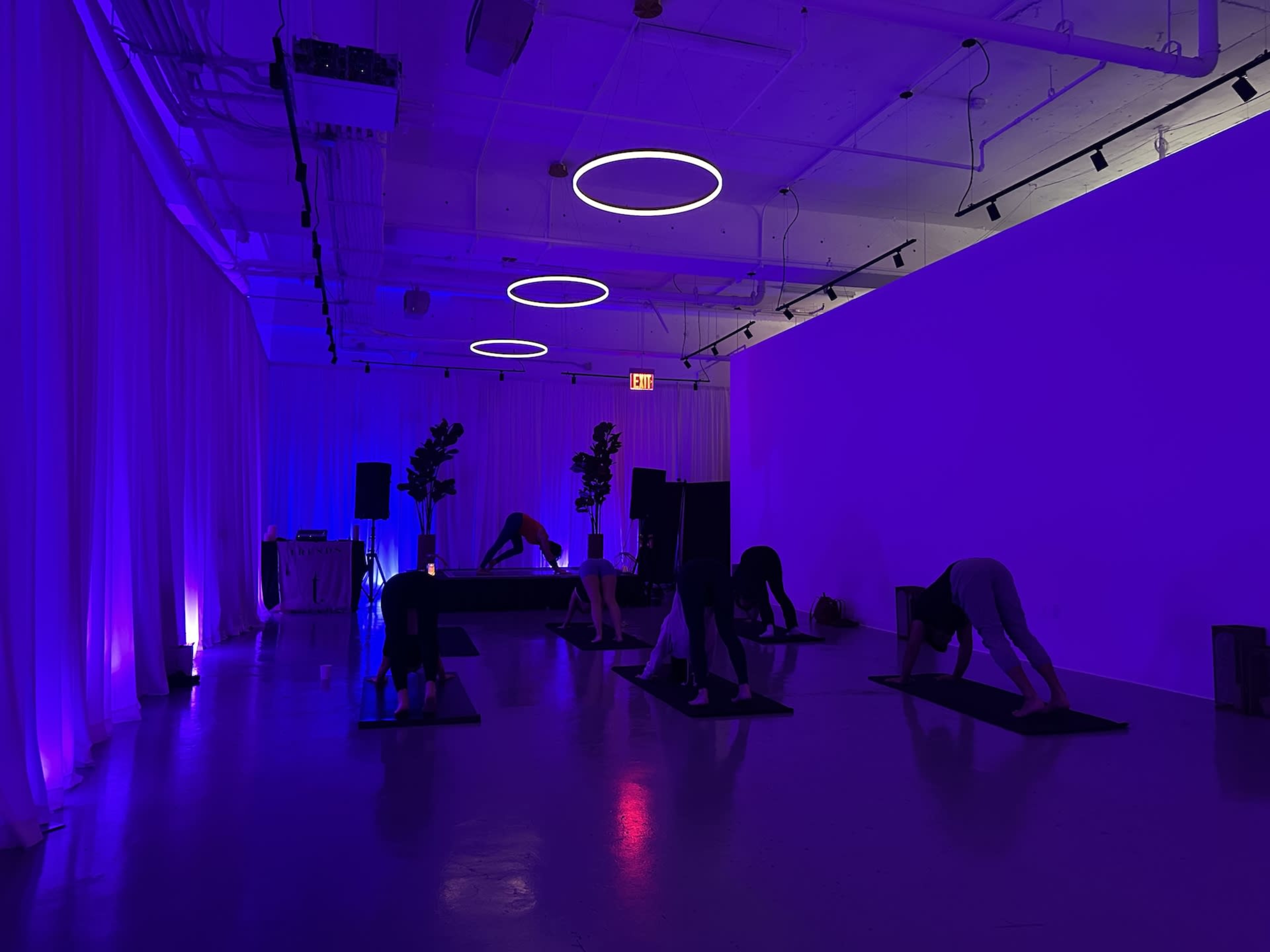 A group of people practice yoga in a dimly lit studio with purple lighting and circular ceiling fixtures.