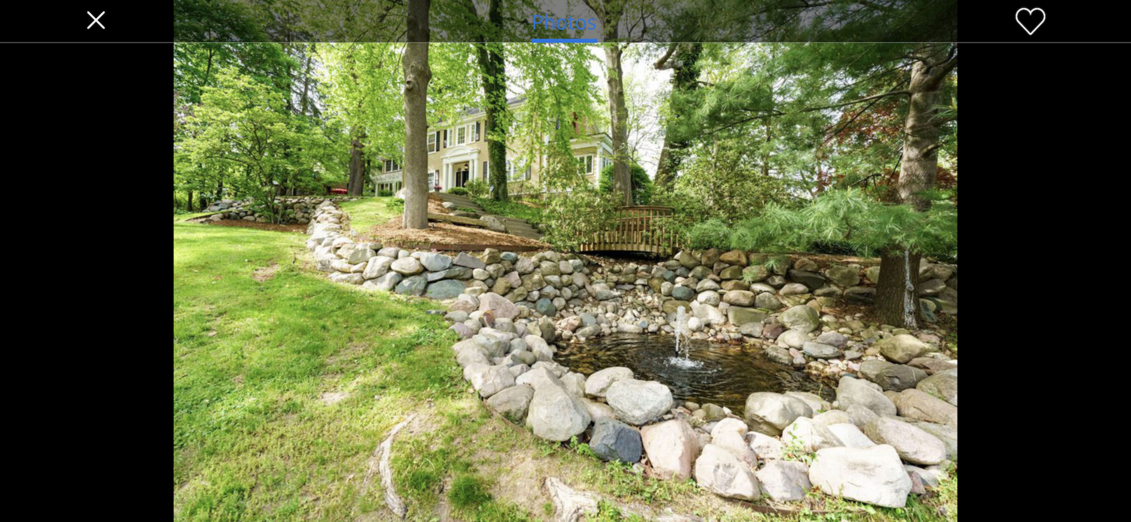 A landscaped yard with a stone-bordered pond and fountain, surrounded by trees and a house in the background.