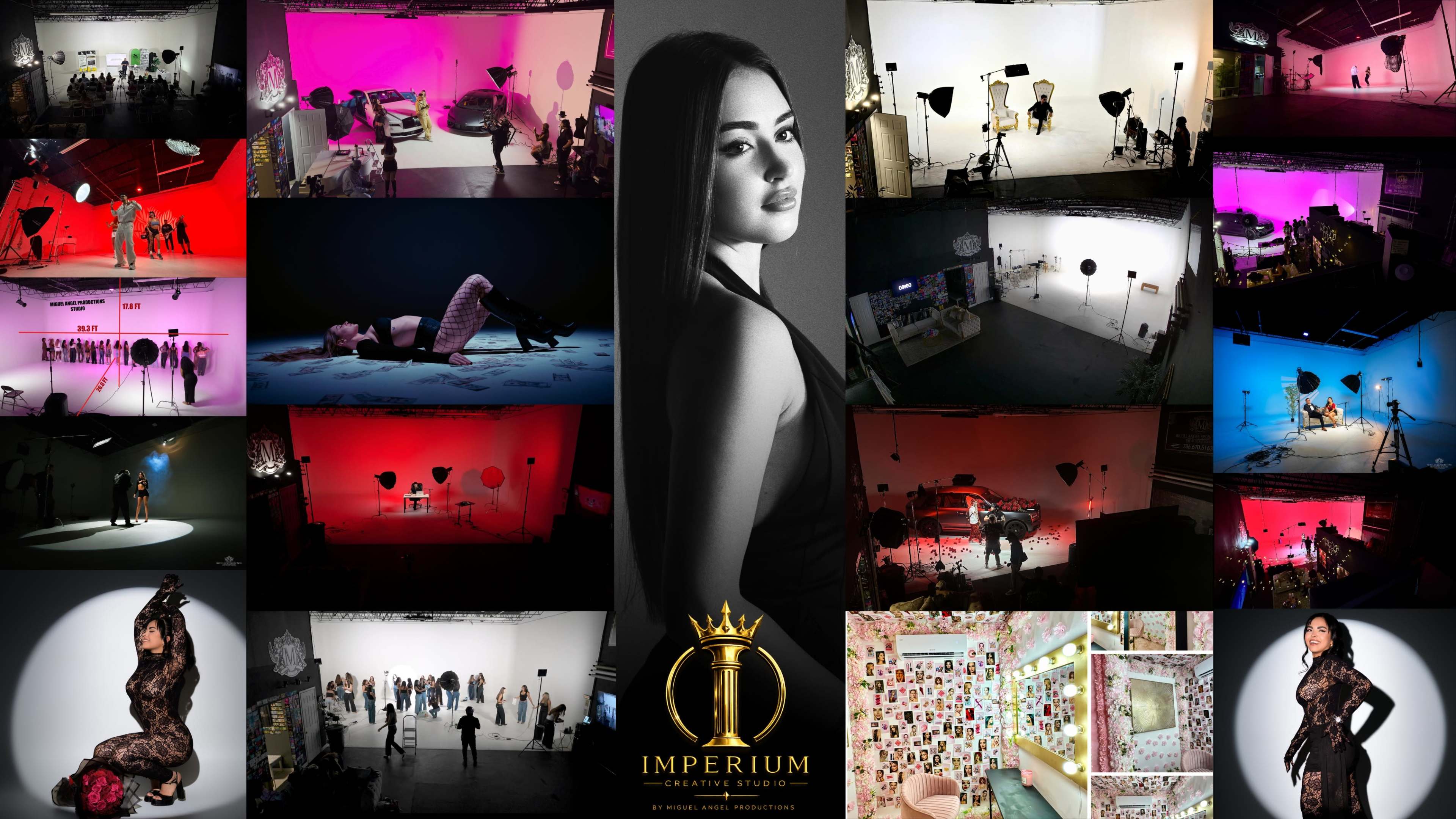 The image is a collage showcasing various scenes from a creative studio named "Imperium," featuring diverse setups and lighting arrangements used for photography and filming.