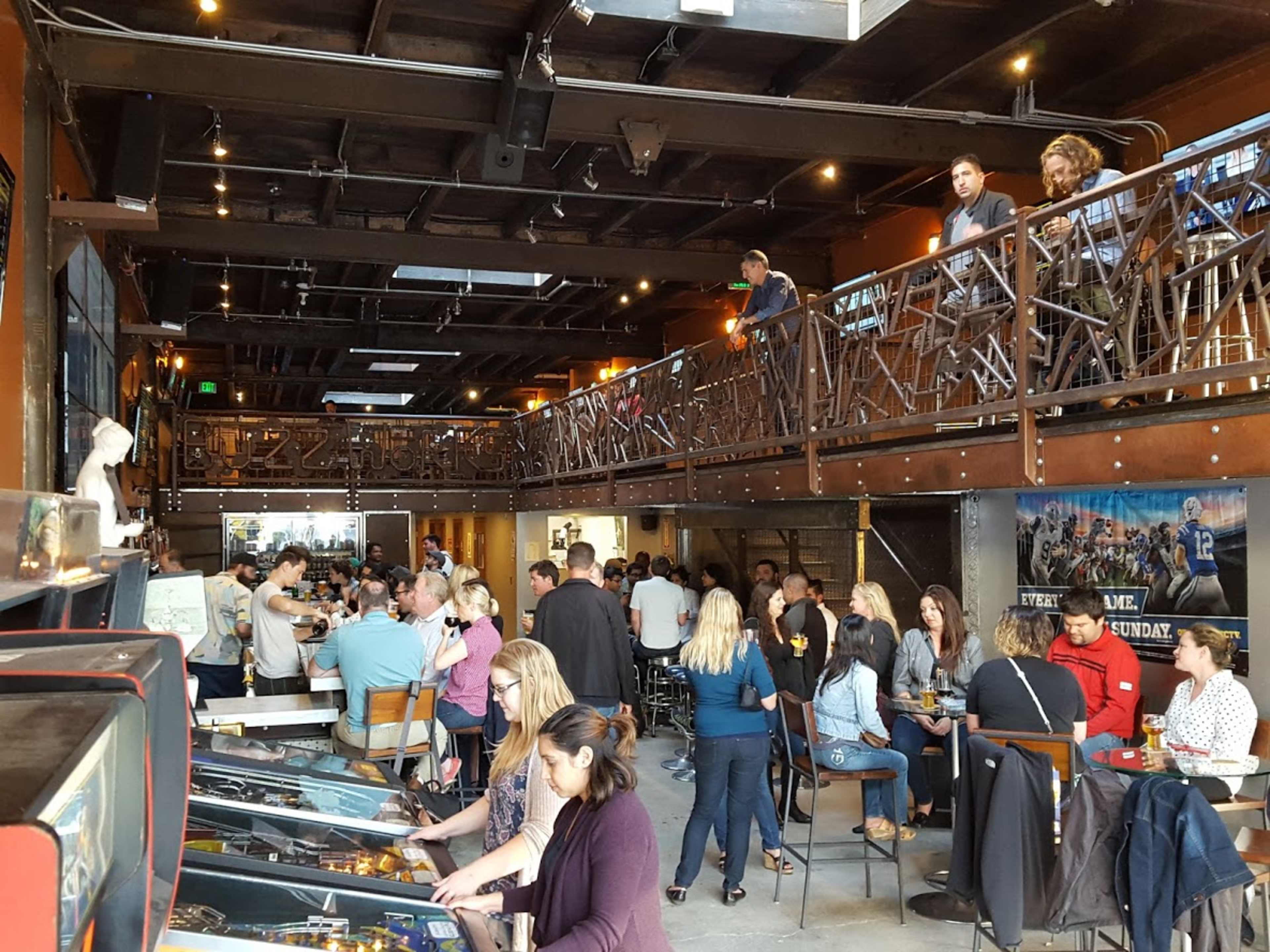 A bustling bar and restaurant with a lively crowd, featuring a mix of seating areas, pinball machines, and a balcony overlooking the main floor.