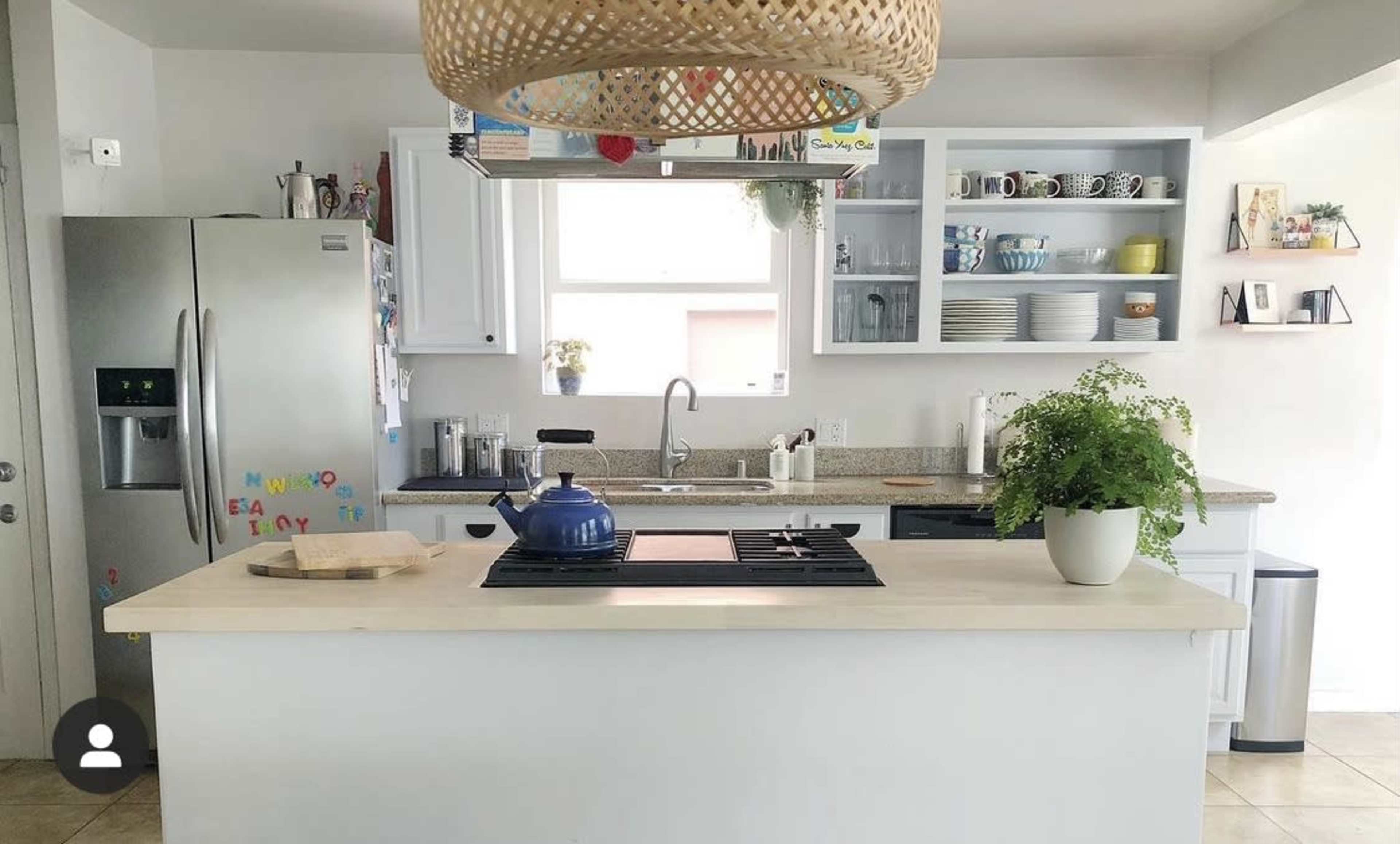 A clean kitchen features a central island with a stovetop, surrounded by shelves displaying dishes and a green plant on the counter.