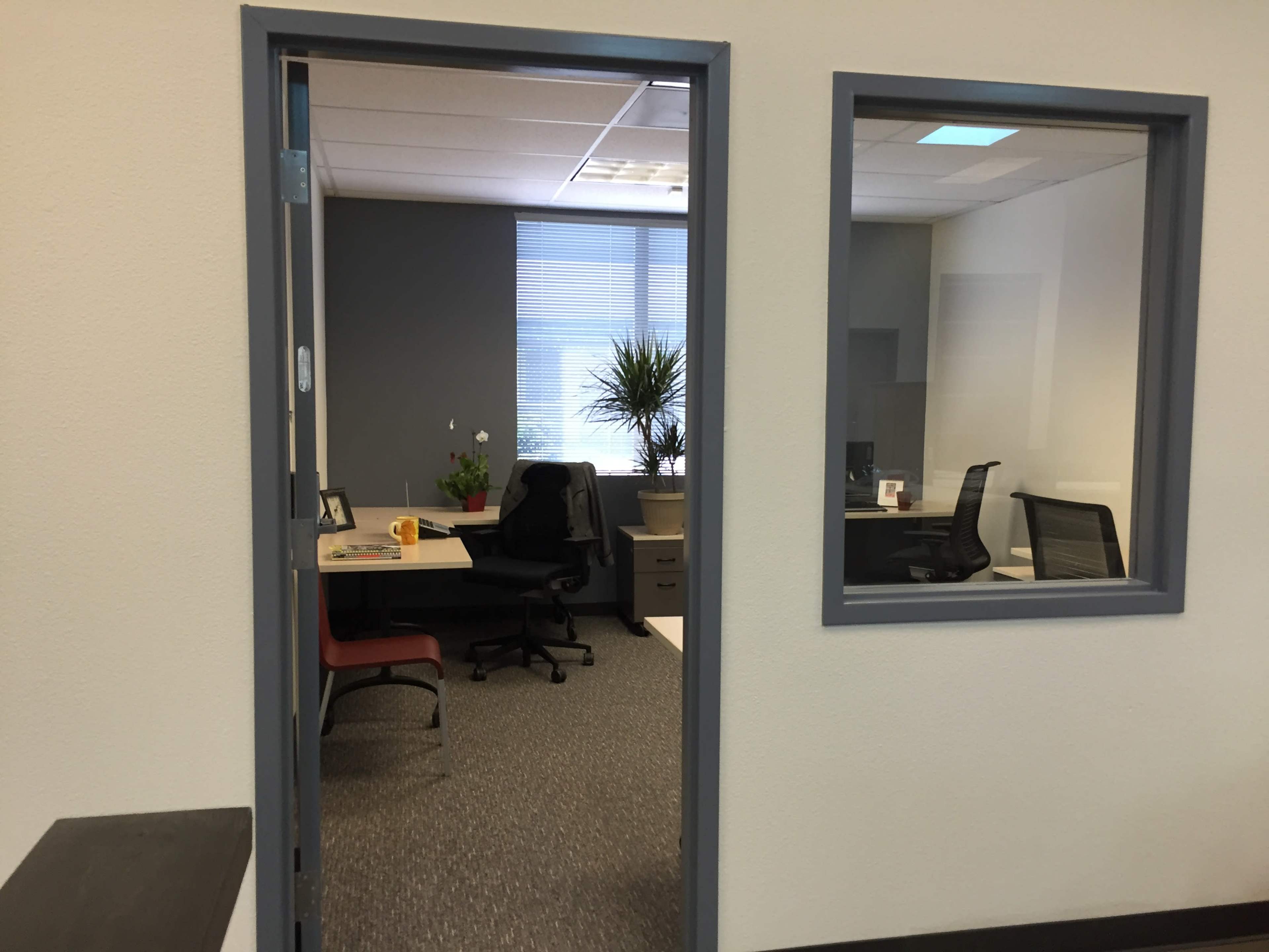An office space with a door opening to a room featuring a desk, chair, and a potted plant by the window.