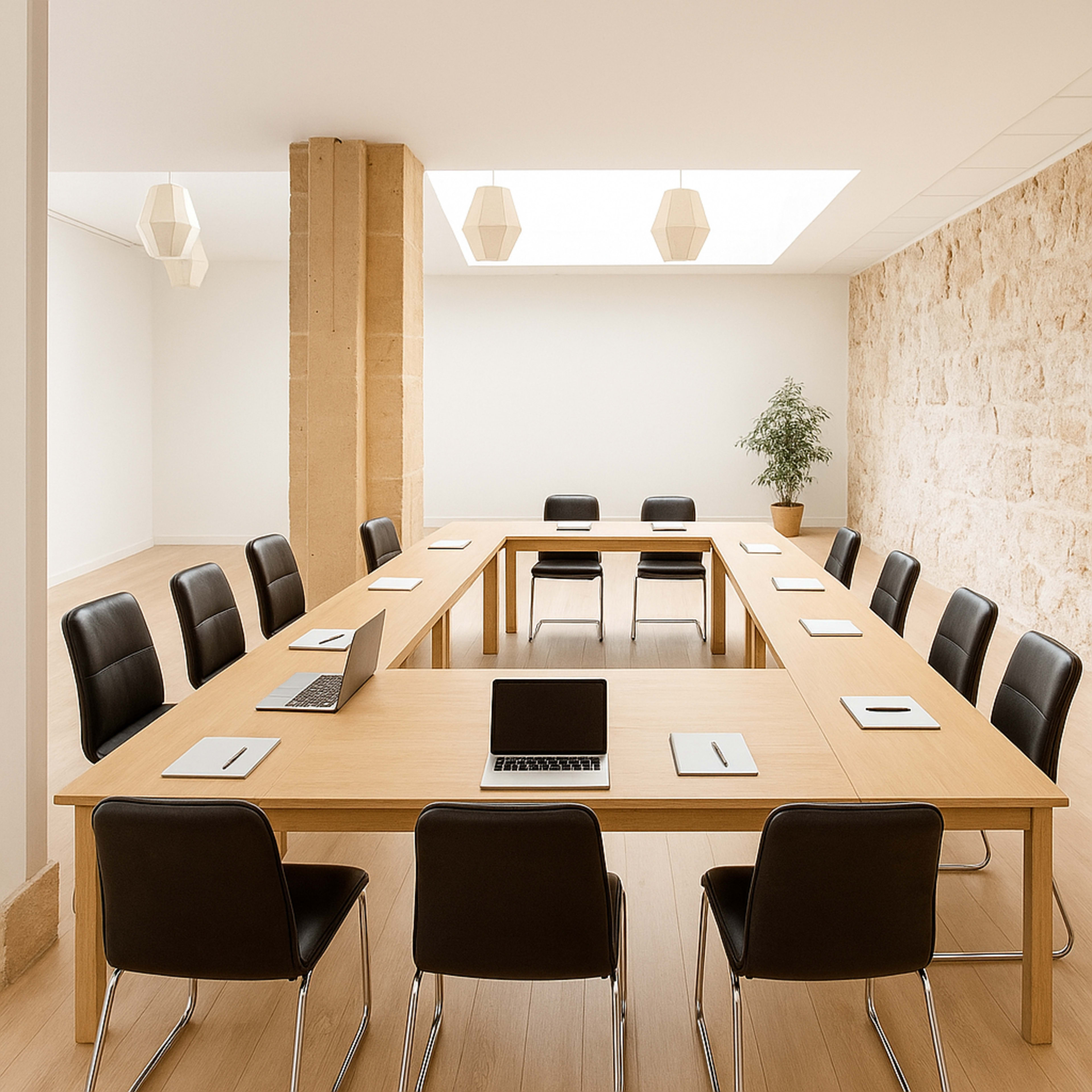A modern conference room features a large wooden table surrounded by black chairs, with laptops and notepads on the table and a potted plant in the corner.