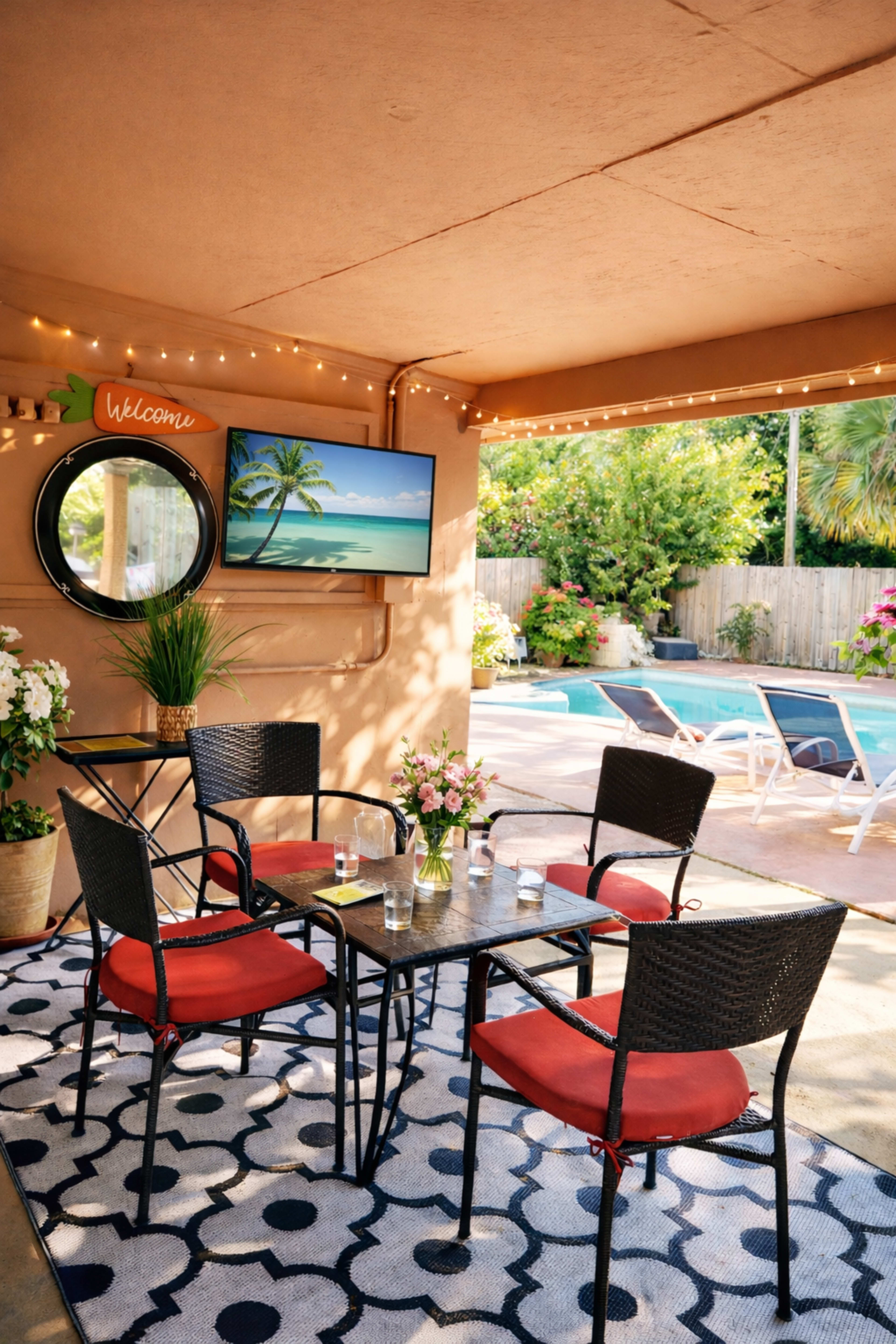 A patio area features a table surrounded by four chairs, with a television mounted on the wall and a view of a pool in the background.