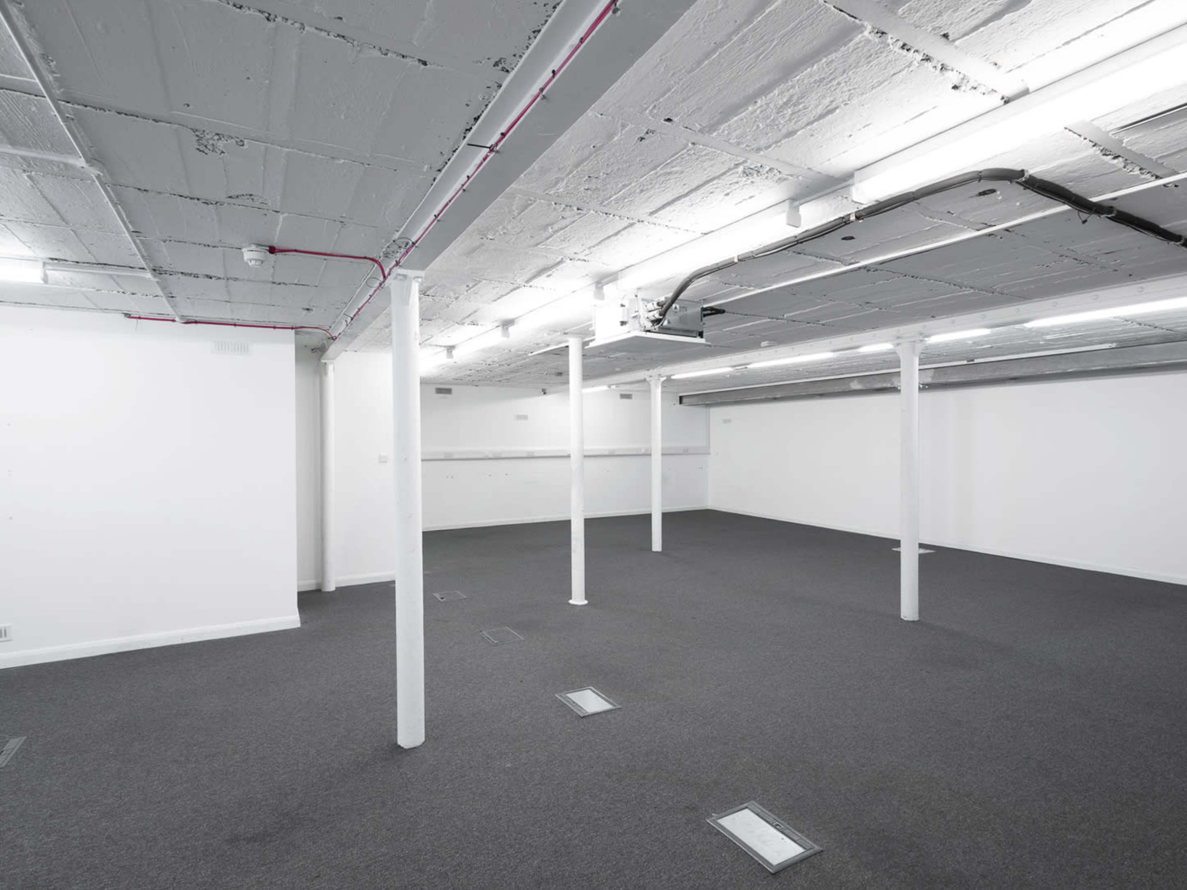 The image shows a large, empty basement space with white walls and a carpeted floor, featuring exposed ceiling pipes and several supporting columns.