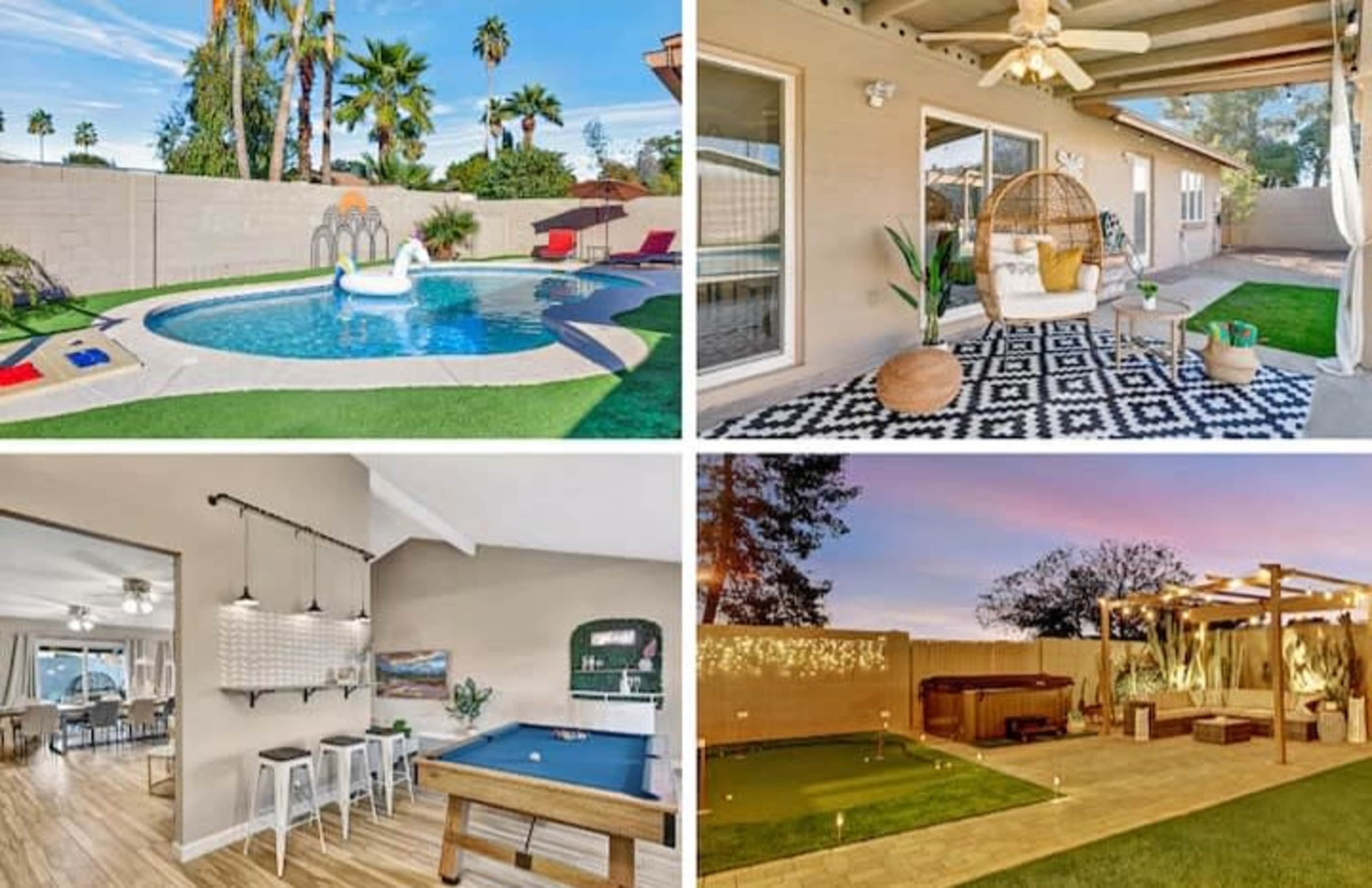 Four views of a residential property, featuring a swimming pool with loungers, a comfortable seating area, a game room with a pool table, and an outdoor space with a hot tub and decorative lighting.