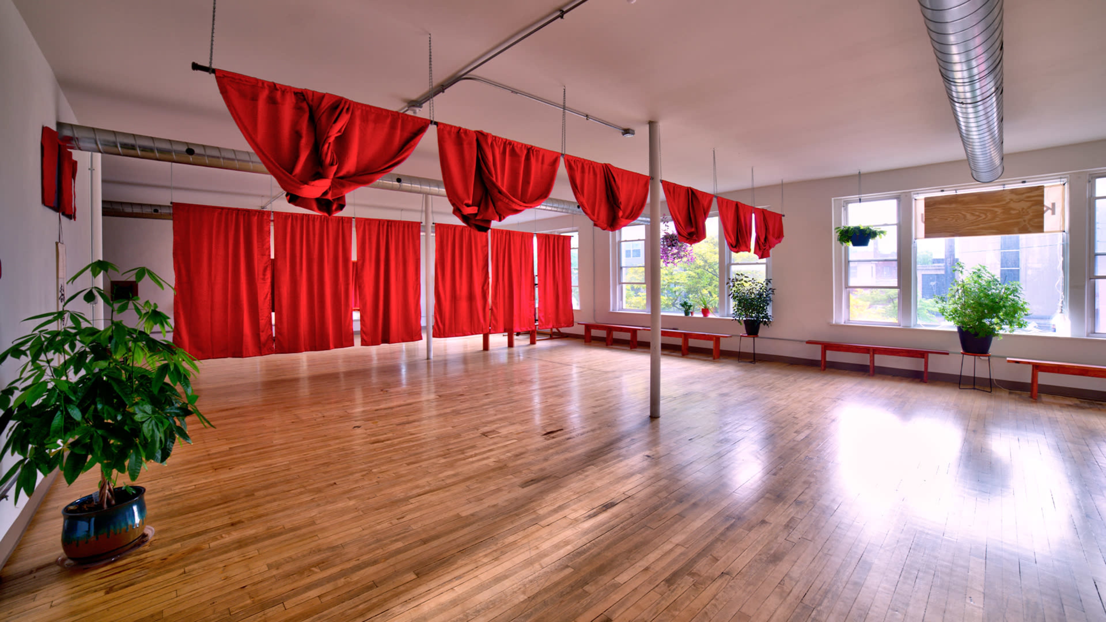A spacious room with wooden flooring, featuring red draped fabric and potted plants near the windows.