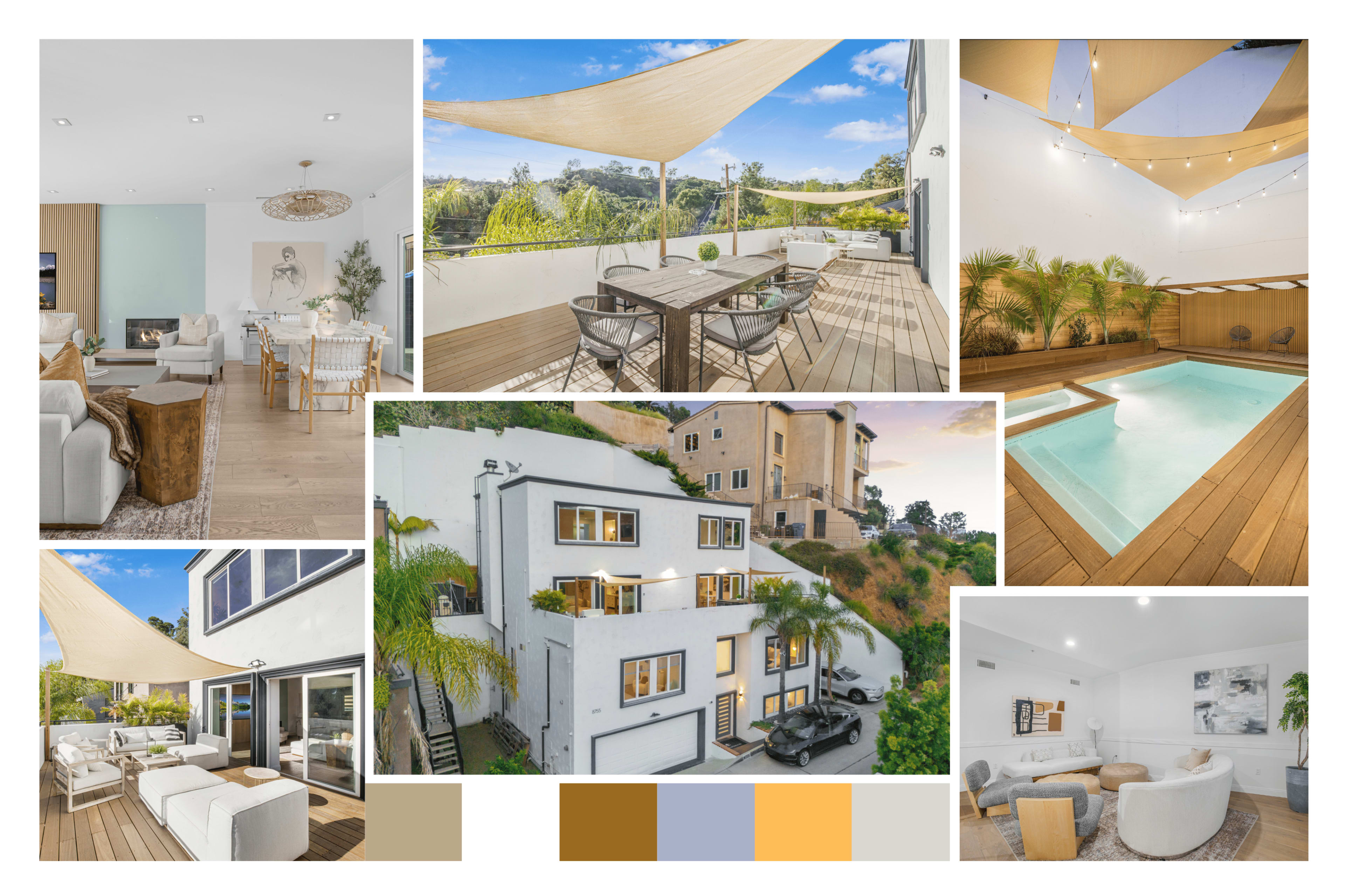 The image features a collection of photos showcasing a modern multi-level home with outdoor living spaces, a swimming pool, and various seating areas.