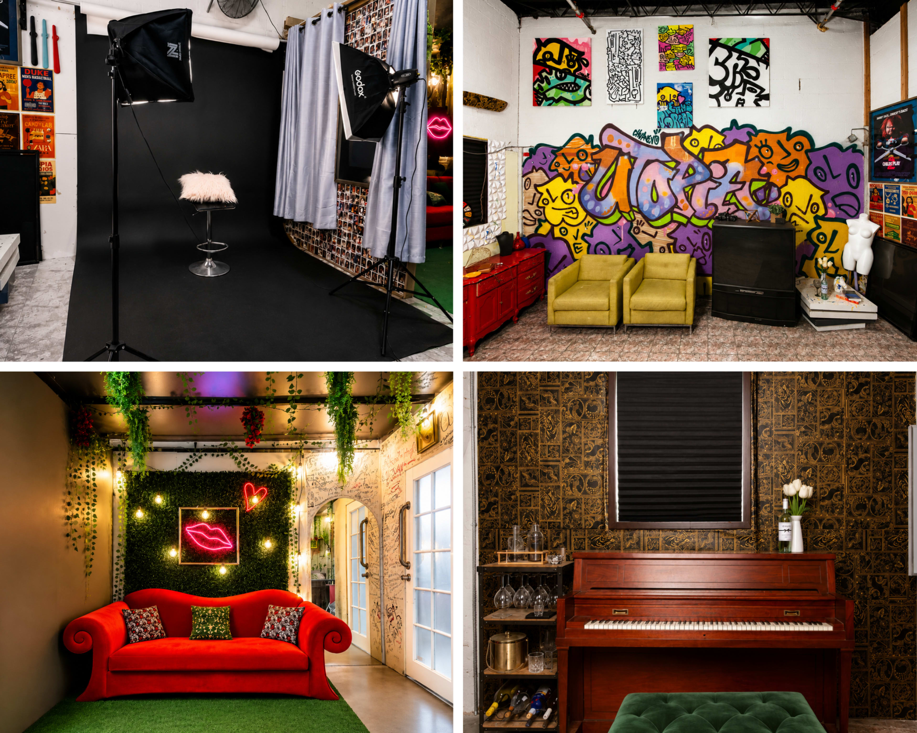 The image features a collage of four distinct interior spaces, including a photography studio with a black backdrop, a colorful lounge with graffiti art, a decorative hallway adorned with plants and lights, and a room with a red sofa and a wooden piano.