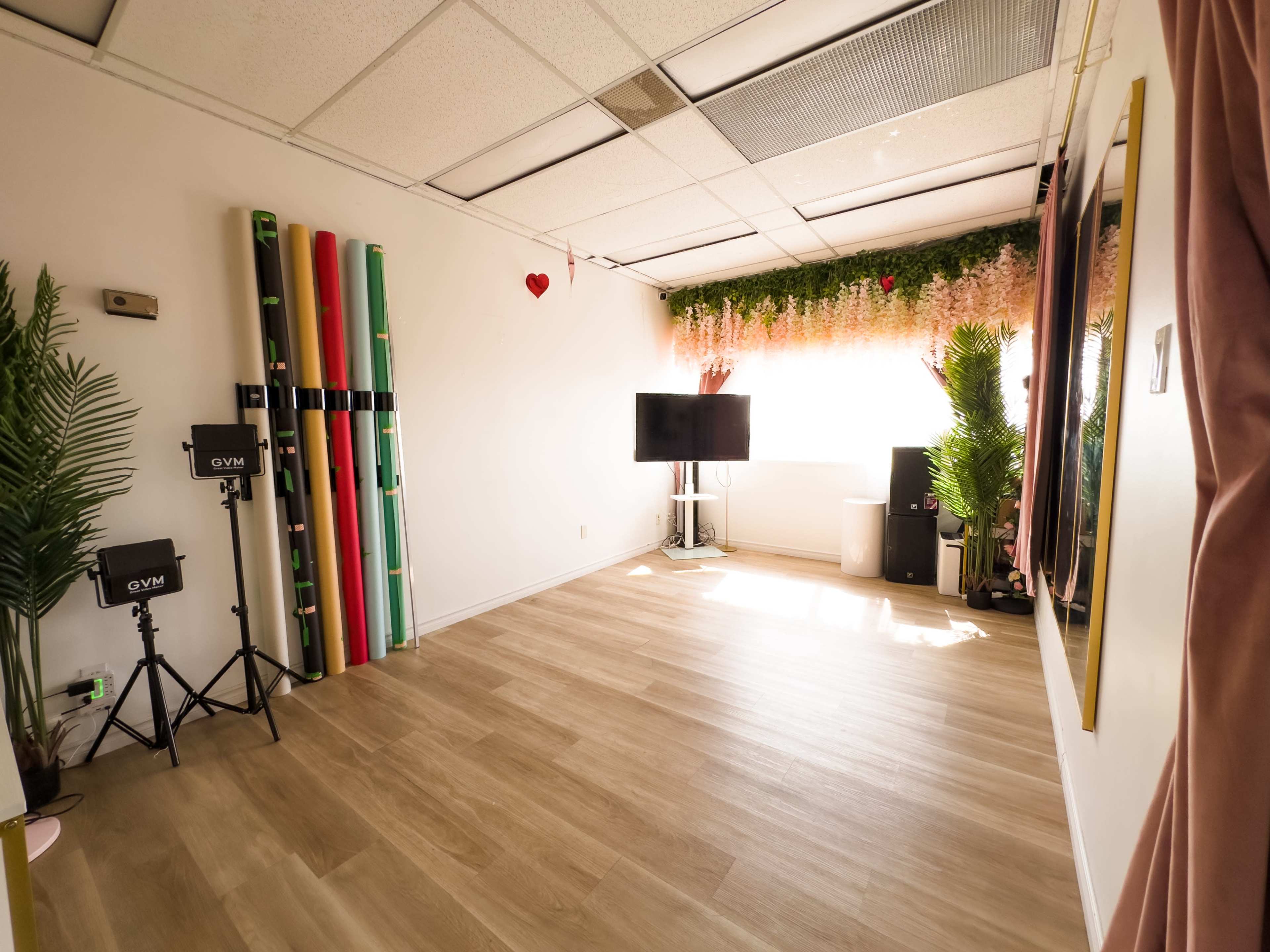 The image shows a spacious room with wooden flooring, bright lighting, a large mirror, green plants, and colorful exercise equipment leaning against the wall.