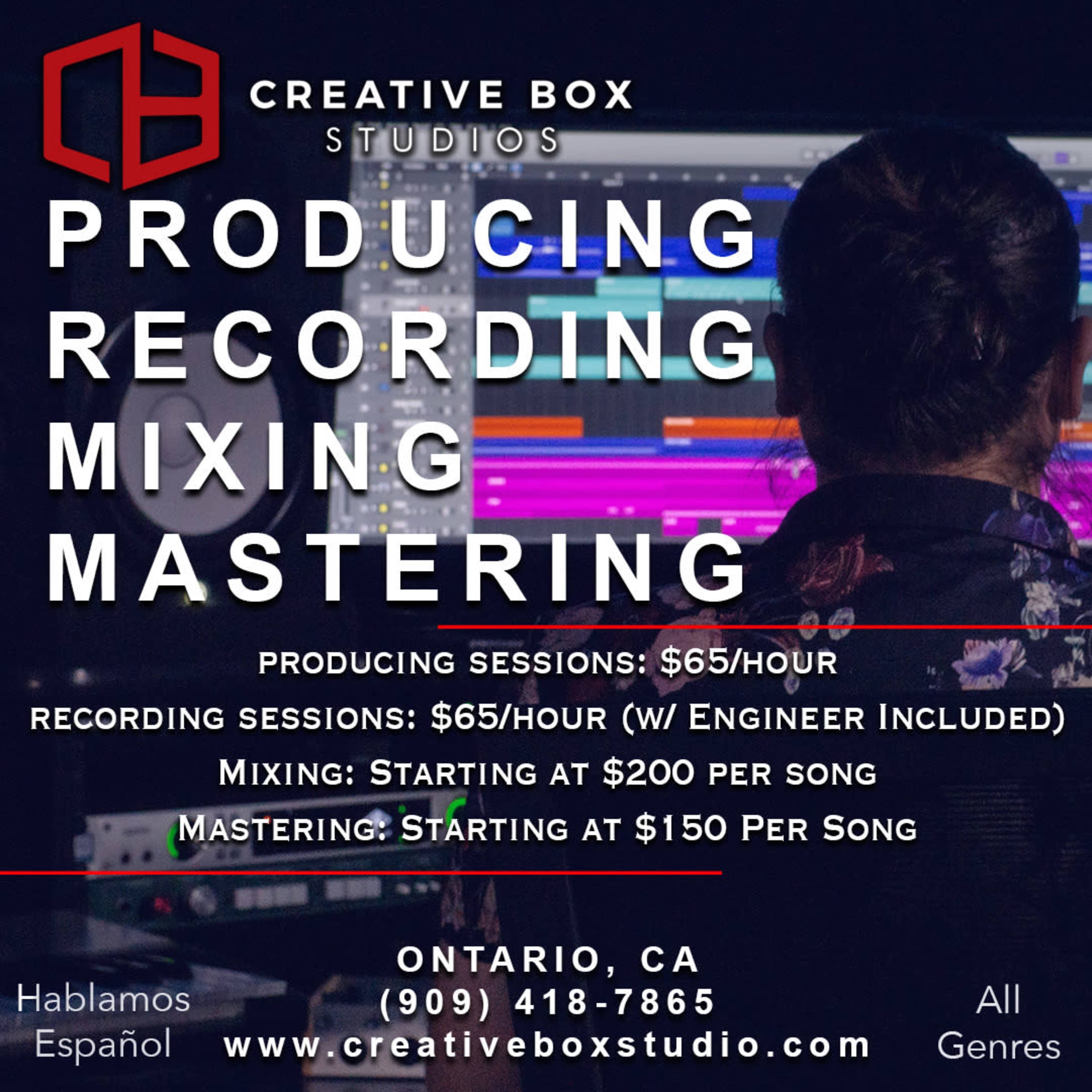 The image depicts a person in a studio setting, focusing on a computer screen surrounded by audio equipment, with text detailing services and prices for music production.