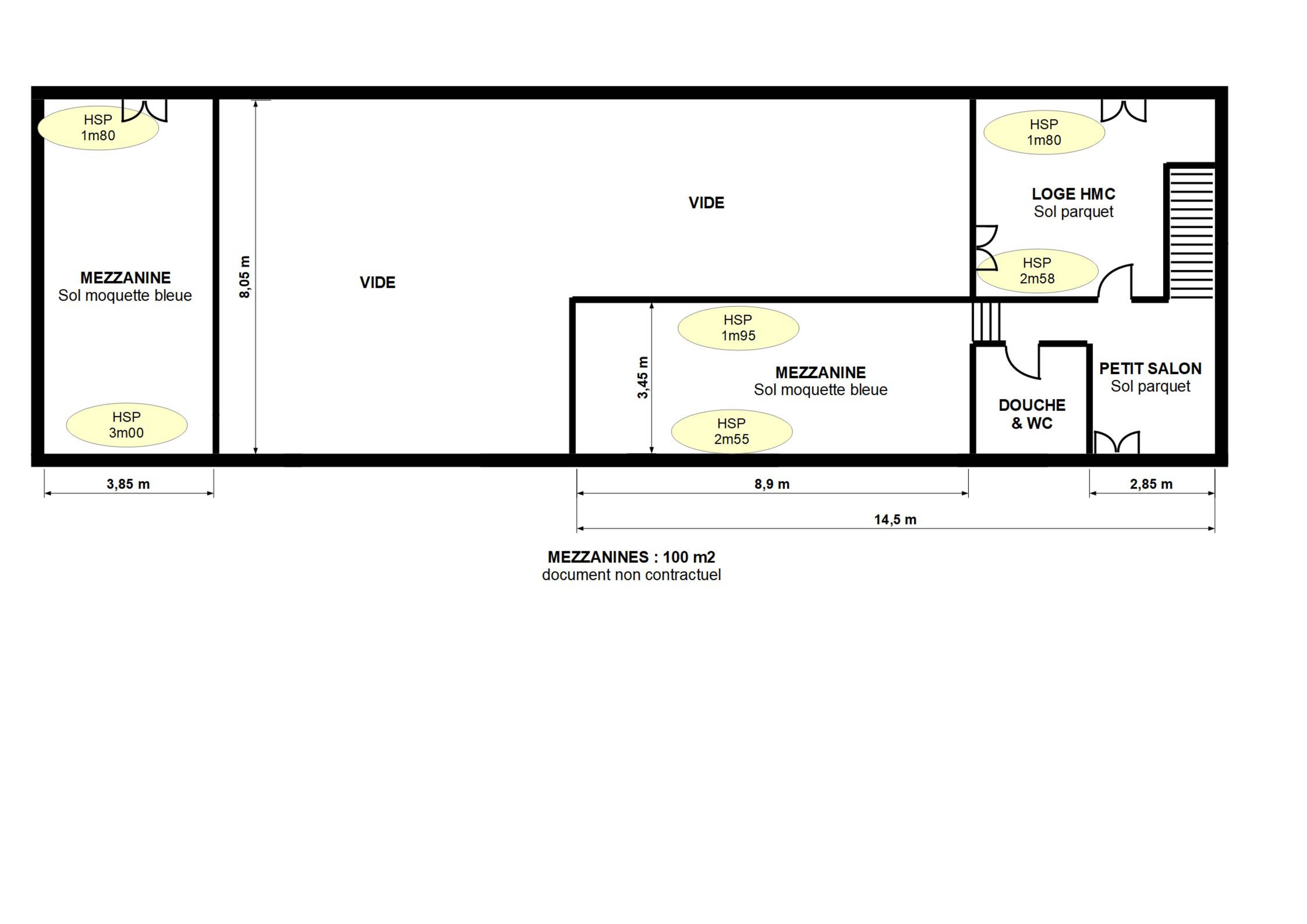 A floor plan layout of a building, featuring labeled areas including mezzanines, a small living room, a shower room, and stairs.
