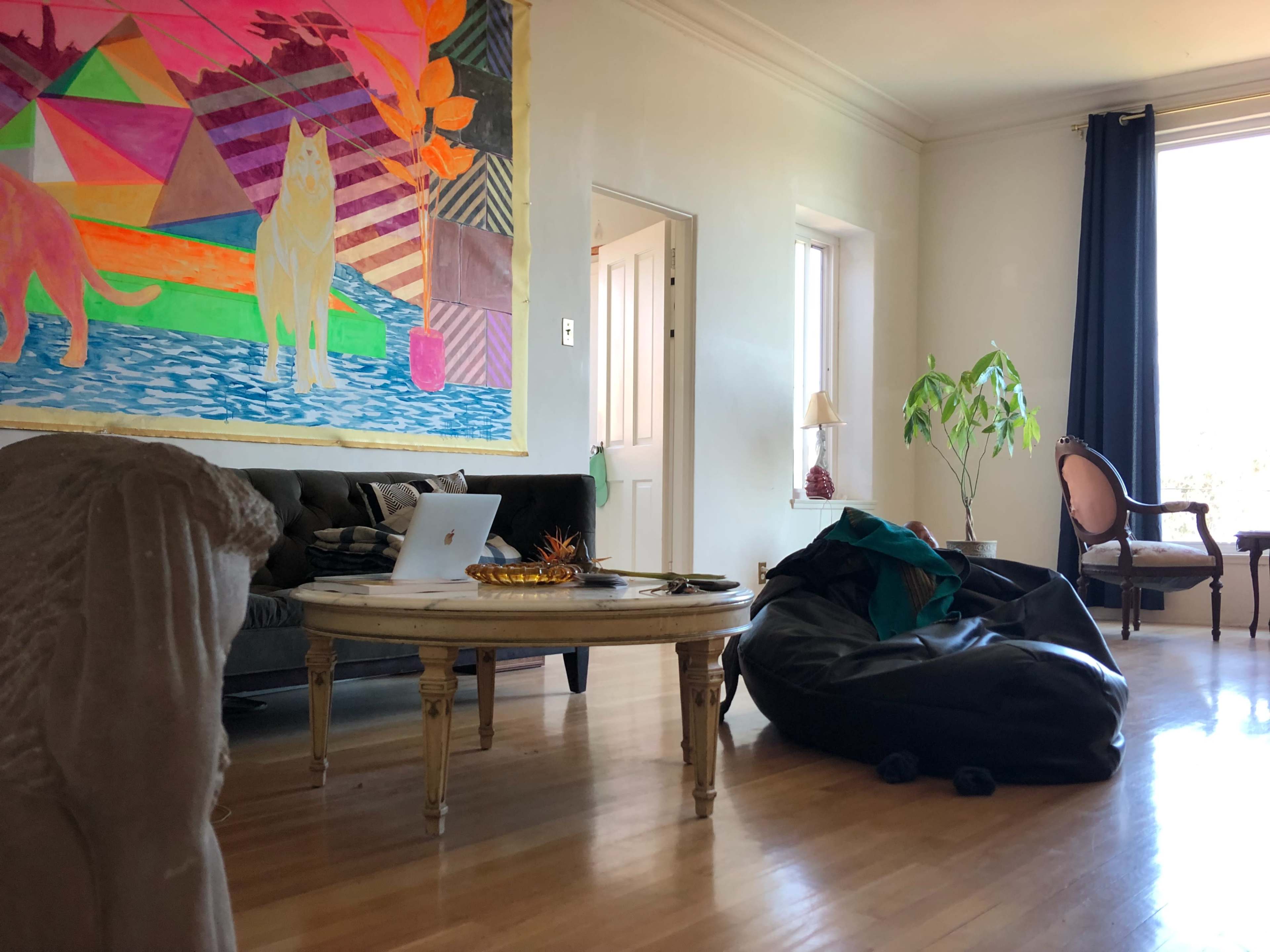 The image shows a living room with a sofa, a coffee table, a laptop on the table, a bean bag chair, and a colorful wall mural featuring a lion and geometric designs.