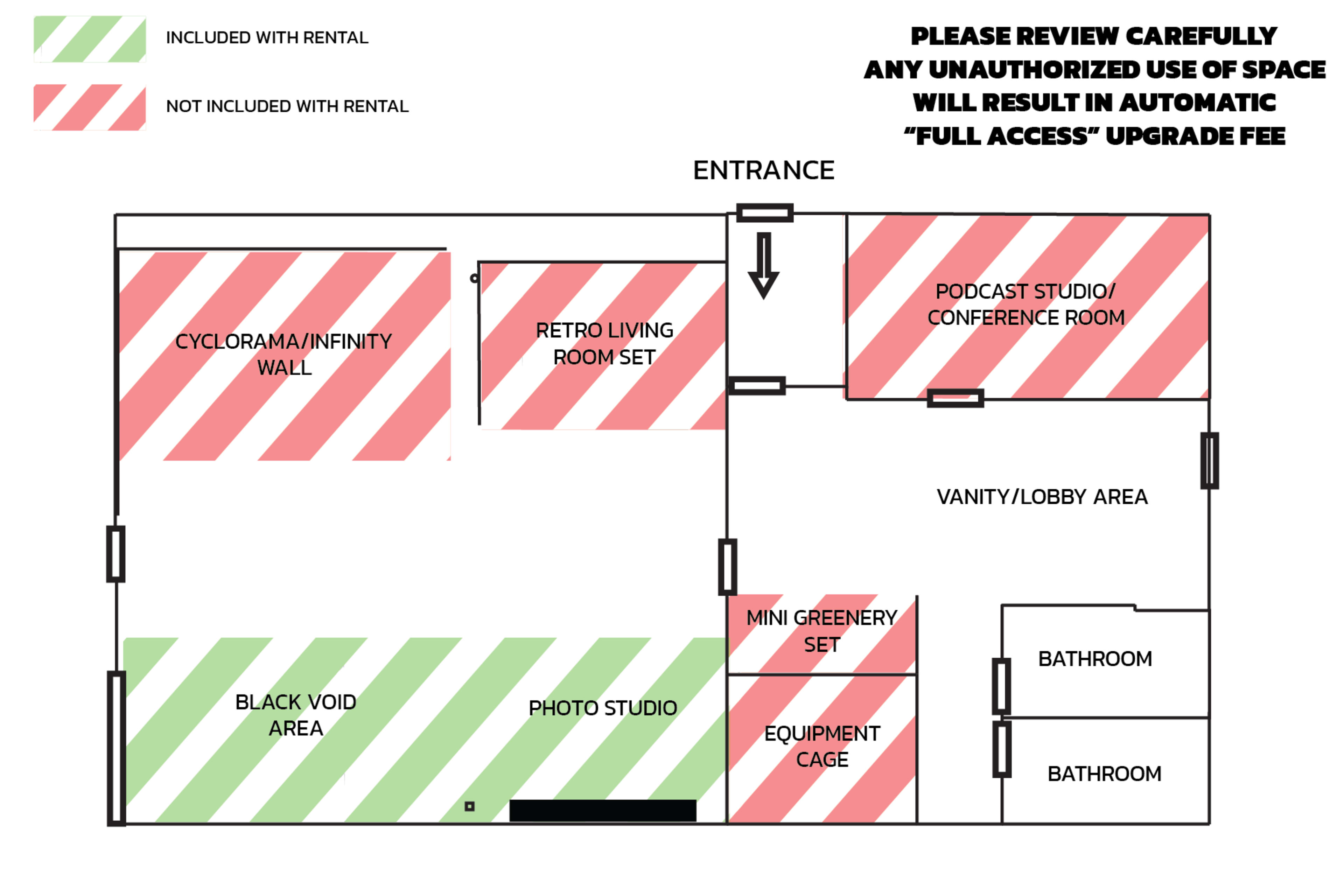 The diagram shows a floor plan of a rental space, indicating areas included and not included with rental in red and green.