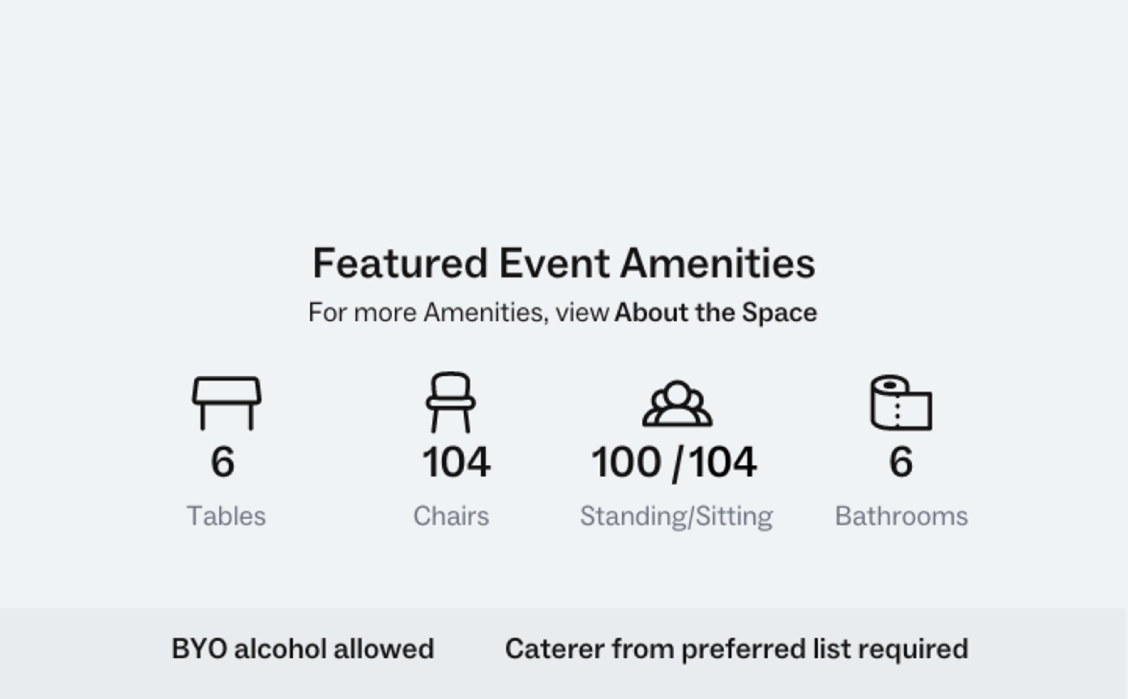 Event amenities, including 6 tables, 104 chairs, a capacity for 100 standing/sitting attendees, and 6 bathrooms.